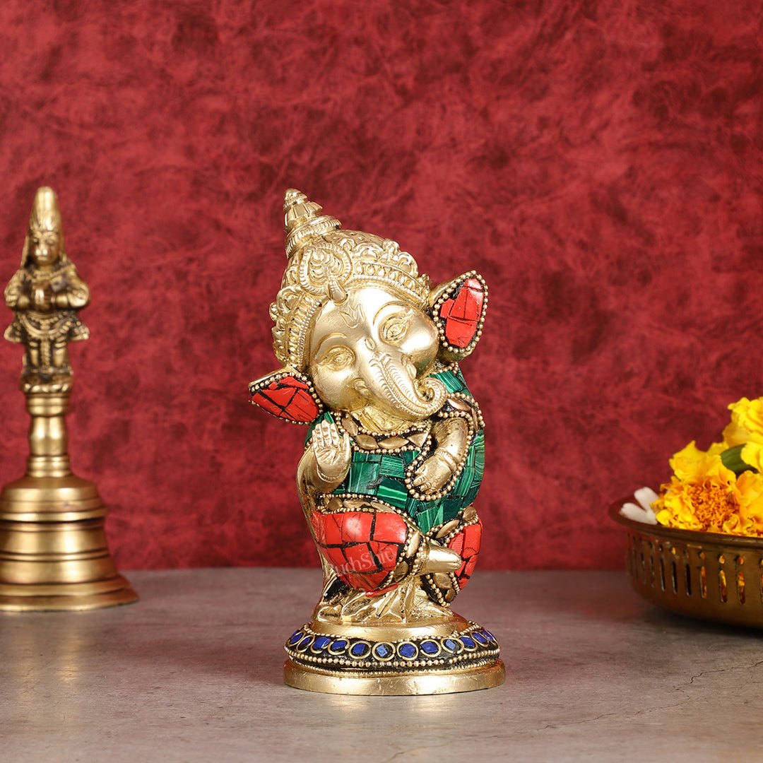 Baby Ganesha Aashirwaad Brass Idol - Perfect for Office Desk, Study Table, Temple - stonework | 100% Certified Copper & Brass - Sama Homes Idol - Brass Sculpture