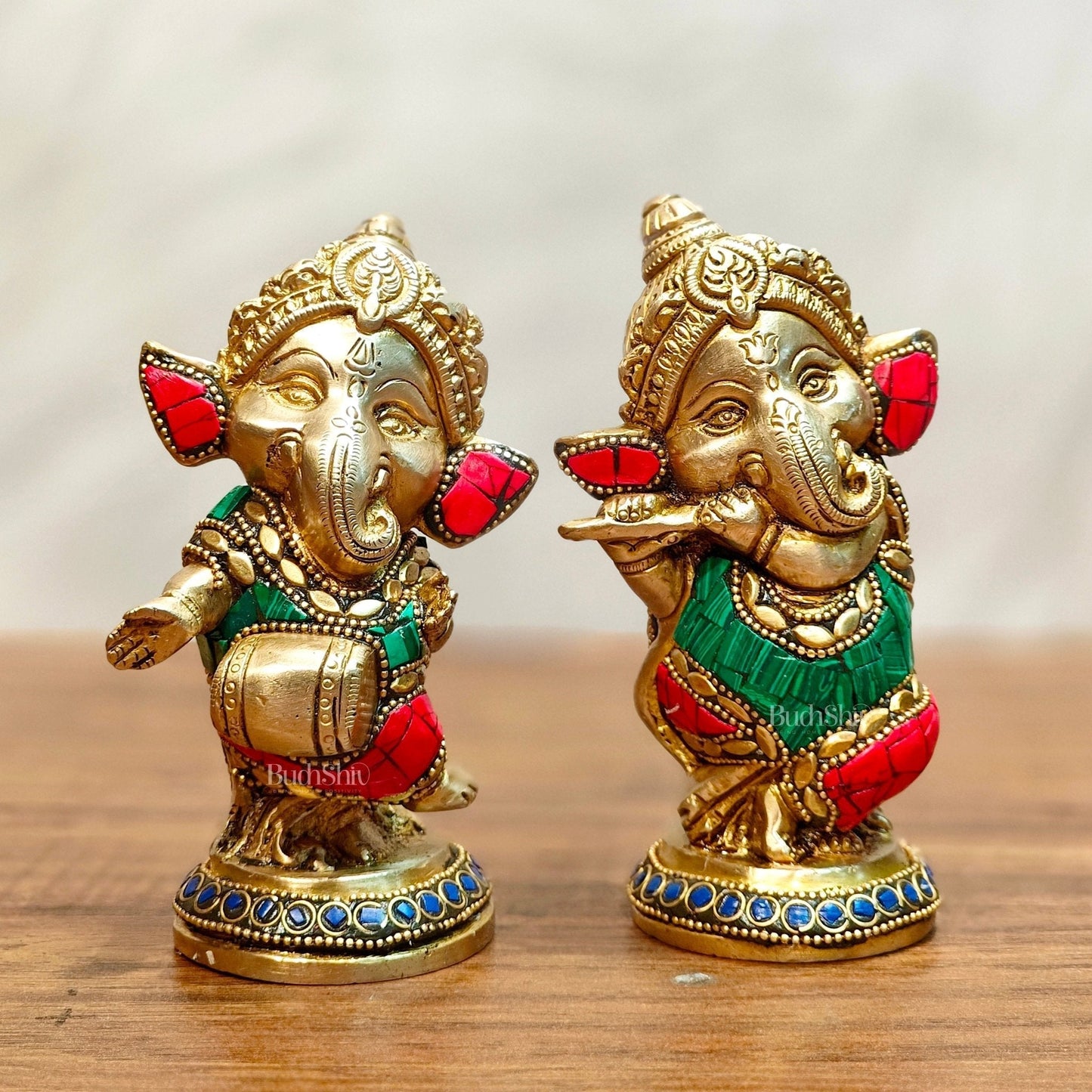 Baby Ganesha Brass Idols pair 5 " Stonework | 100% Certified Copper & Brass - Sama Homes Idol - Brass Sculpture