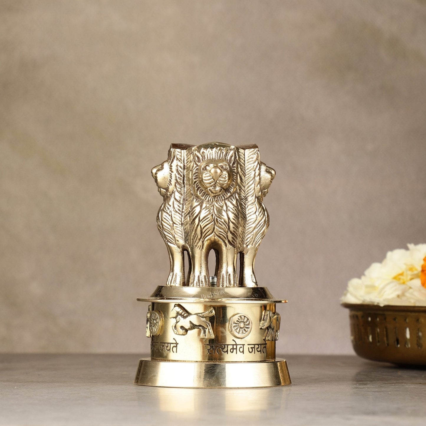 Brass Ashoka Lion Stambh Momento 6" | 100% Certified Copper & Brass - Sama Homes Idol - Brass Sculpture