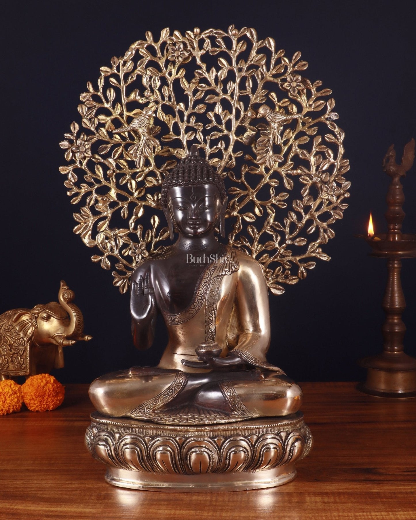 Brass Blessing Buddha with Tree Statue – Black Edition, 20 Inch | 100% Certified Copper & Brass - Sama Homes Idol - Brass Sculpture
