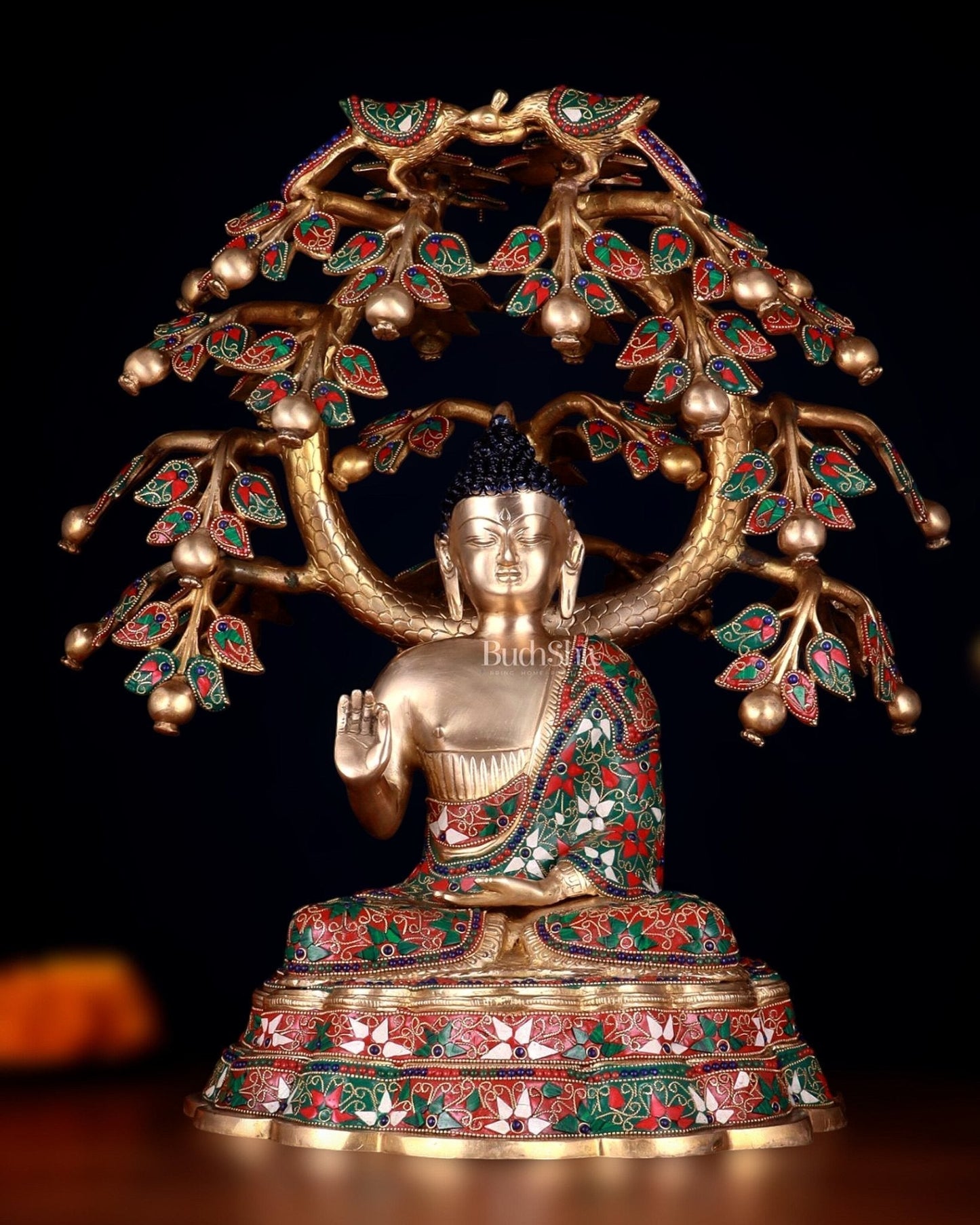 Brass Buddha Sitting Under Tree Statue – Adorned with Natural Stones, 21 Inch | 100% Certified Copper & Brass - Sama Homes Idol - Brass Sculpture