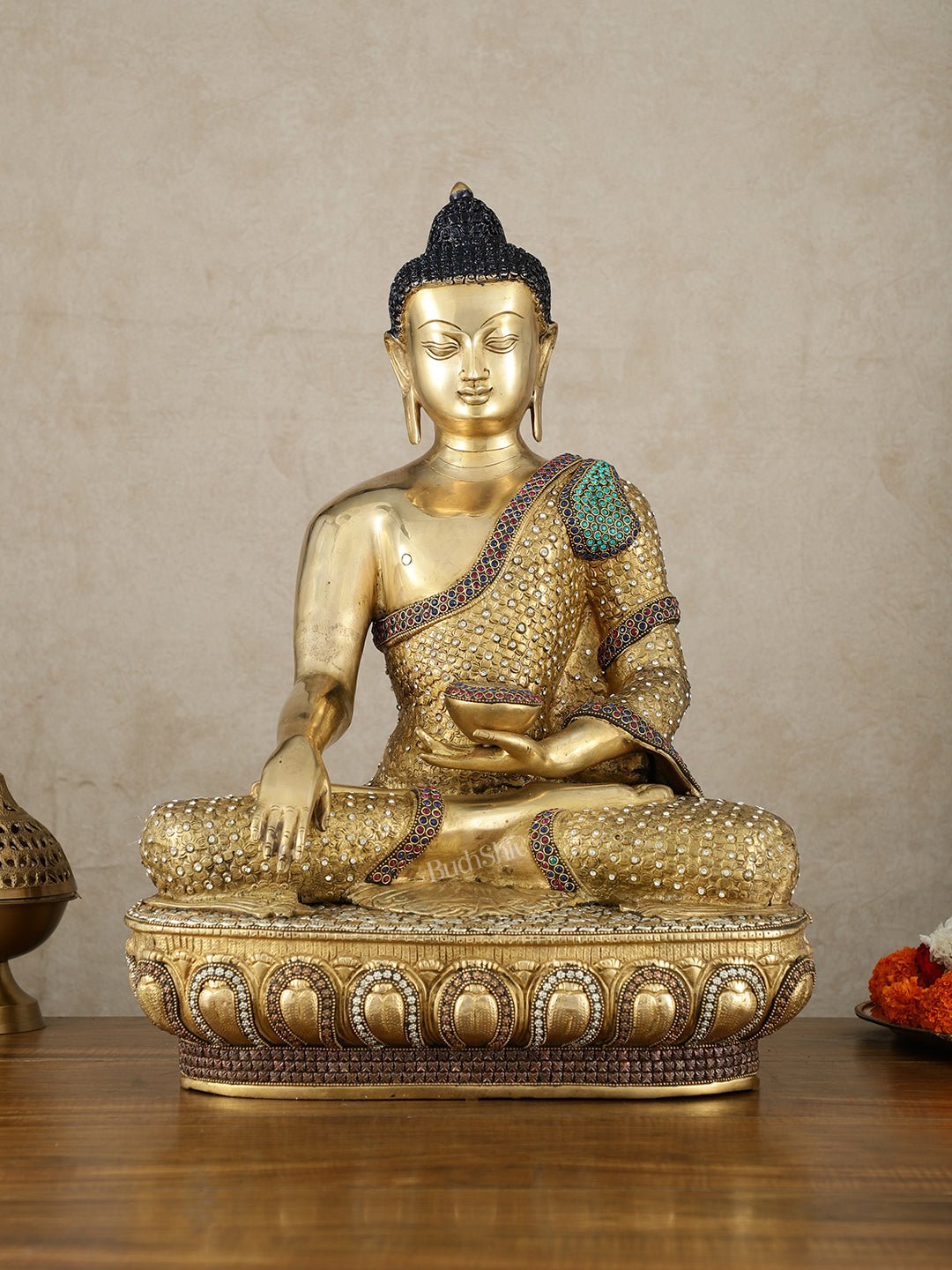 Brass Buddha Statue Bhumisparsha Mudra | 22" Tall | Nepalese inlay | 100% Certified Copper & Brass - Sama Homes Idol - Brass Sculpture