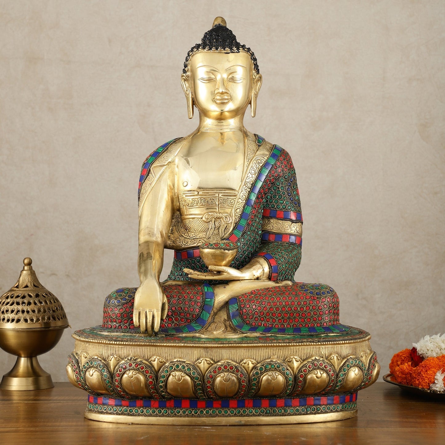 Brass Buddha Statue in Bhoomisparsha Mudra with Medicine Bowl - 21.5 Inch | 100% Certified Copper & Brass - Sama Homes Idol - Brass Sculpture