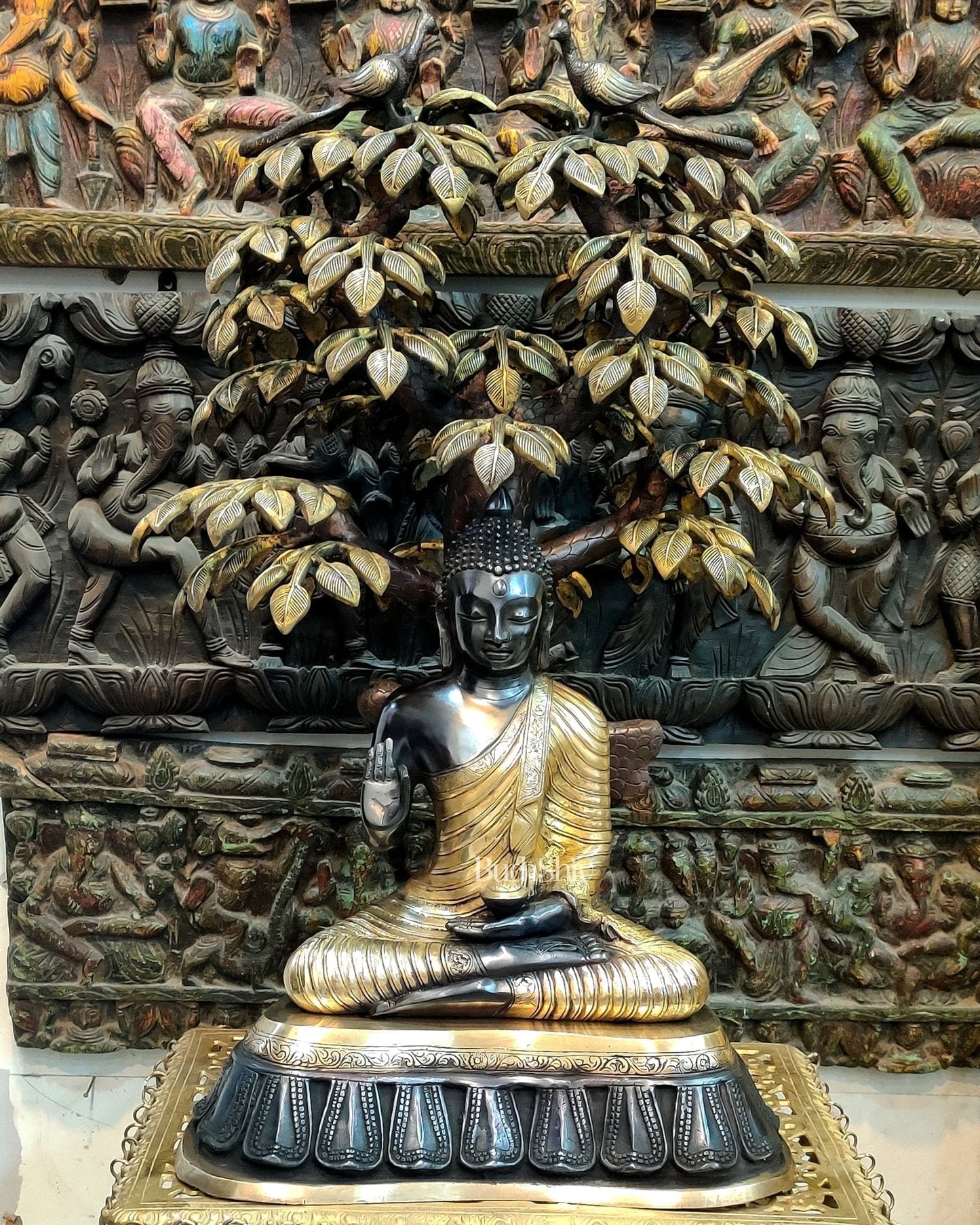 Brass Buddha Statue Under Tree - 32 inch | 100% Certified Copper & Brass - Sama Homes Idol - Brass Sculpture