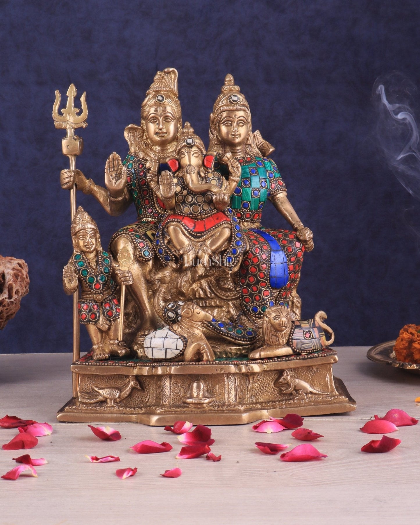 Brass Complete Shiv Parivar Idol - 10 Inch with stonework | 100% Certified Copper & Brass - Sama Homes Idol - Brass Sculpture