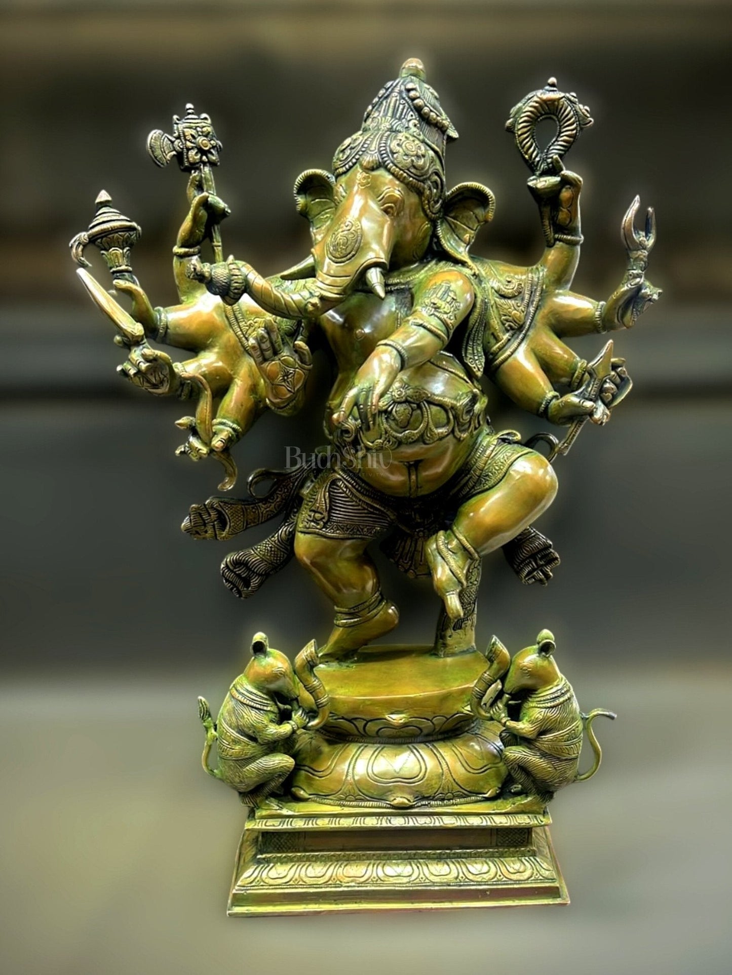 Brass Dancing Ganesha Statue - 26 Inch, Antique Bronze Patina Finish | 100% Certified Copper & Brass - Sama Homes Idol - Brass Sculpture