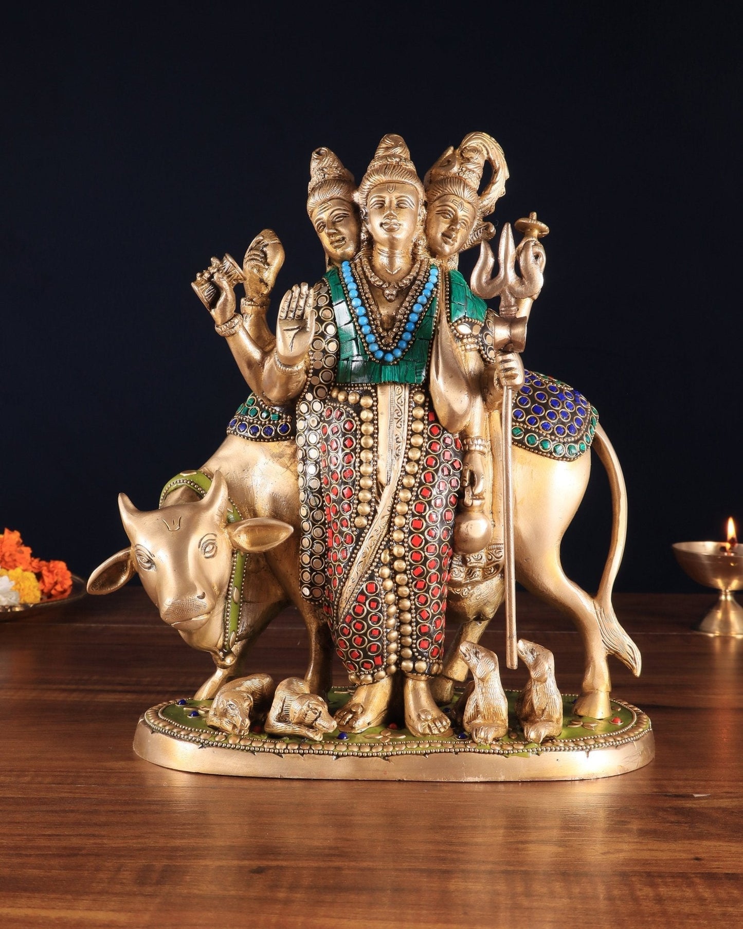 Brass Dattatreya Statue – 11" Tall with stonework | 100% Certified Copper & Brass - Sama Homes Idol - Brass Sculpture