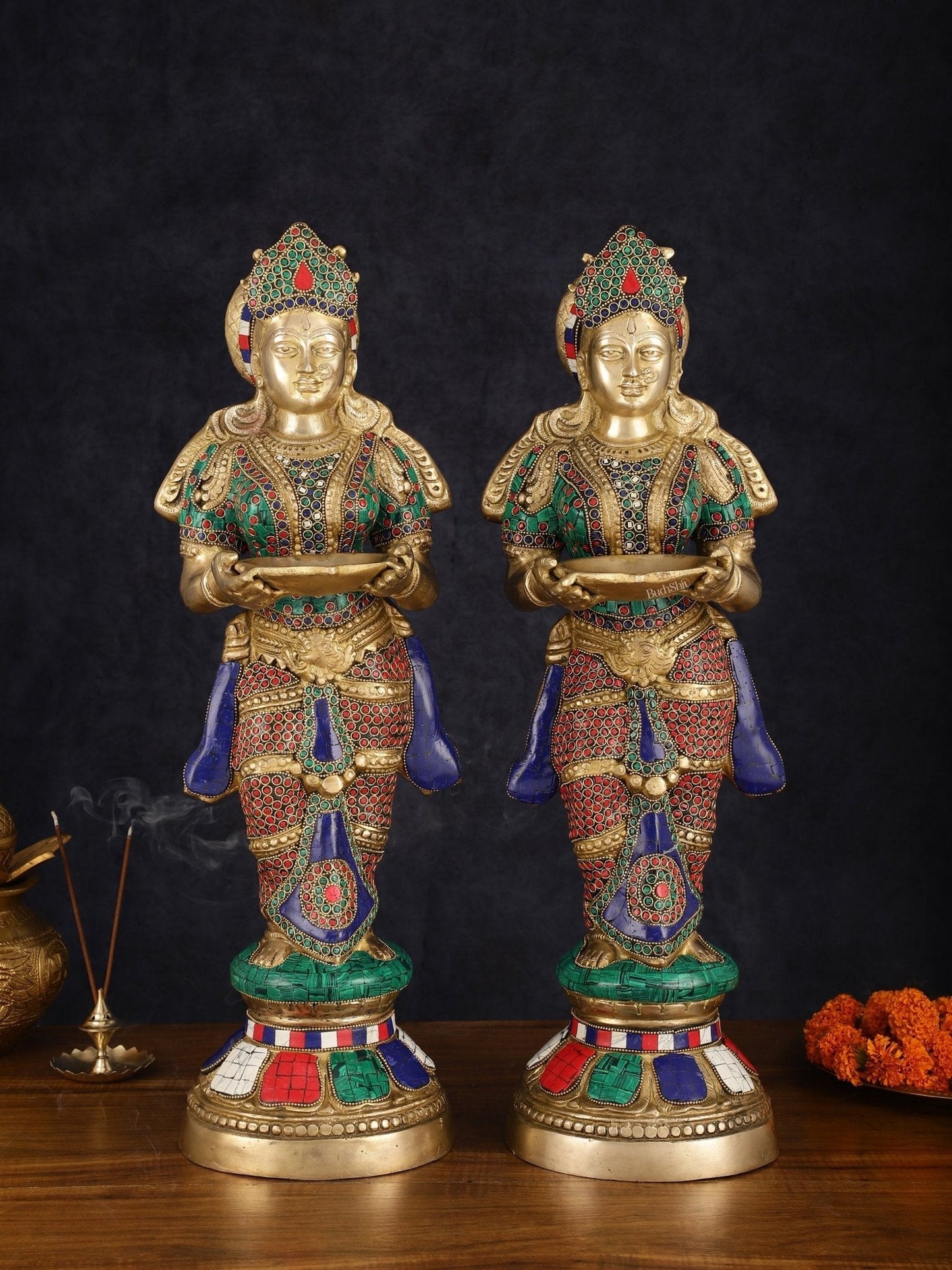 Brass Deep Lakshmi Pavaai Villaku with Intricate Stonework, 23" Height | 100% Certified Copper & Brass - Sama Homes Idol - Brass Sculpture