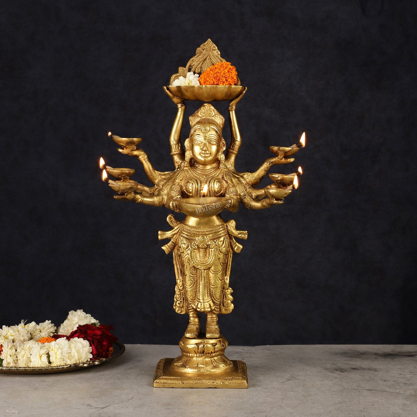 Brass Deep Lakshmi with Ten Hands Idol 15" | 100% Certified Copper & Brass - Sama Homes Idol - Brass Sculpture