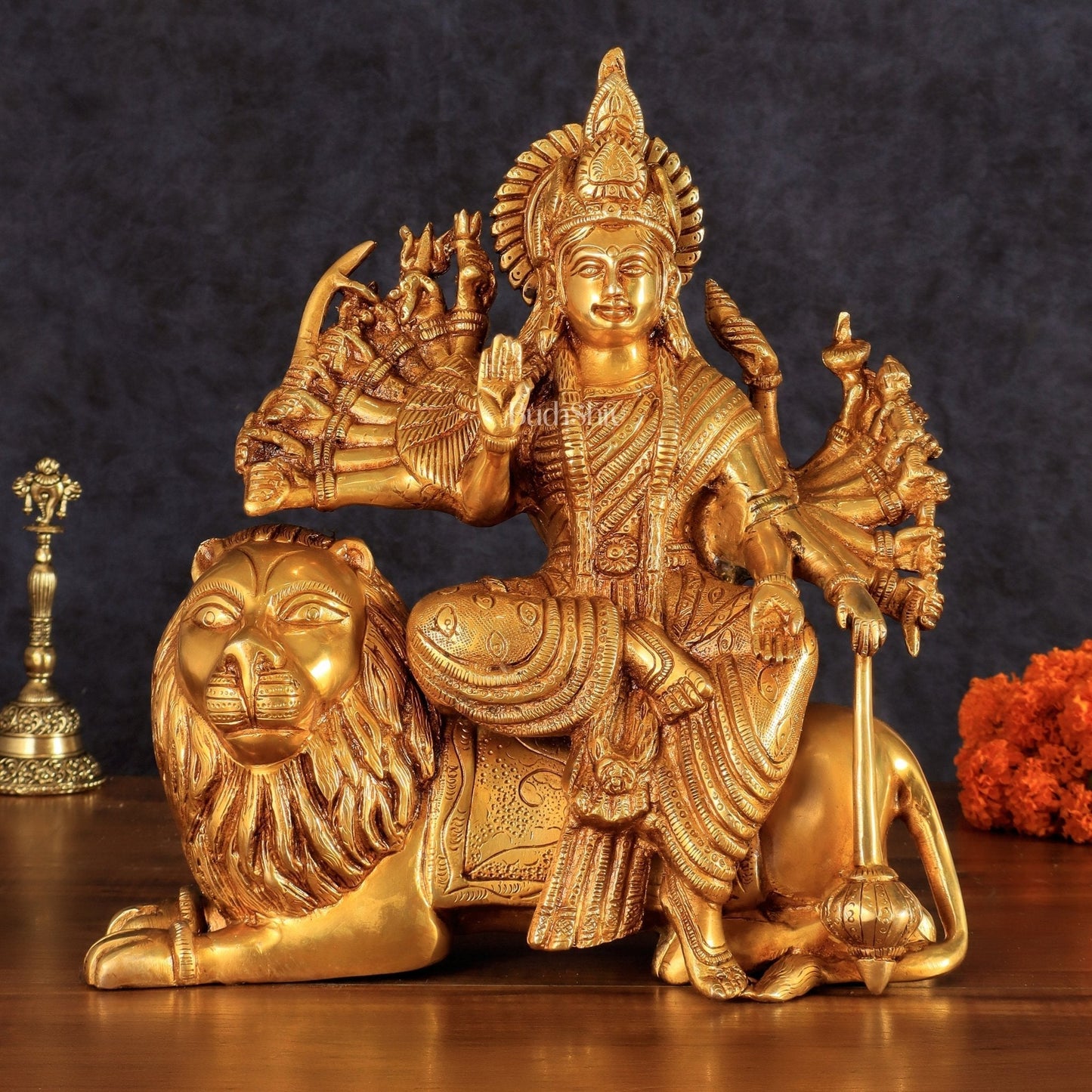 Brass Durga with Eighteen Arms with sitting Lion Idol - 12 Inch | 100% Certified Copper & Brass - Sama Homes Idol - Brass Sculpture