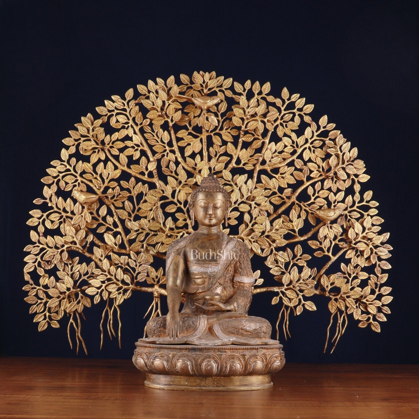 Brass Enlightened Nirvana Buddha Statue & Superfine Kalpavriksha Tree – Spiritual Decor Set | 100% Certified Copper & Brass - Sama Homes Idol - Brass Sculpture