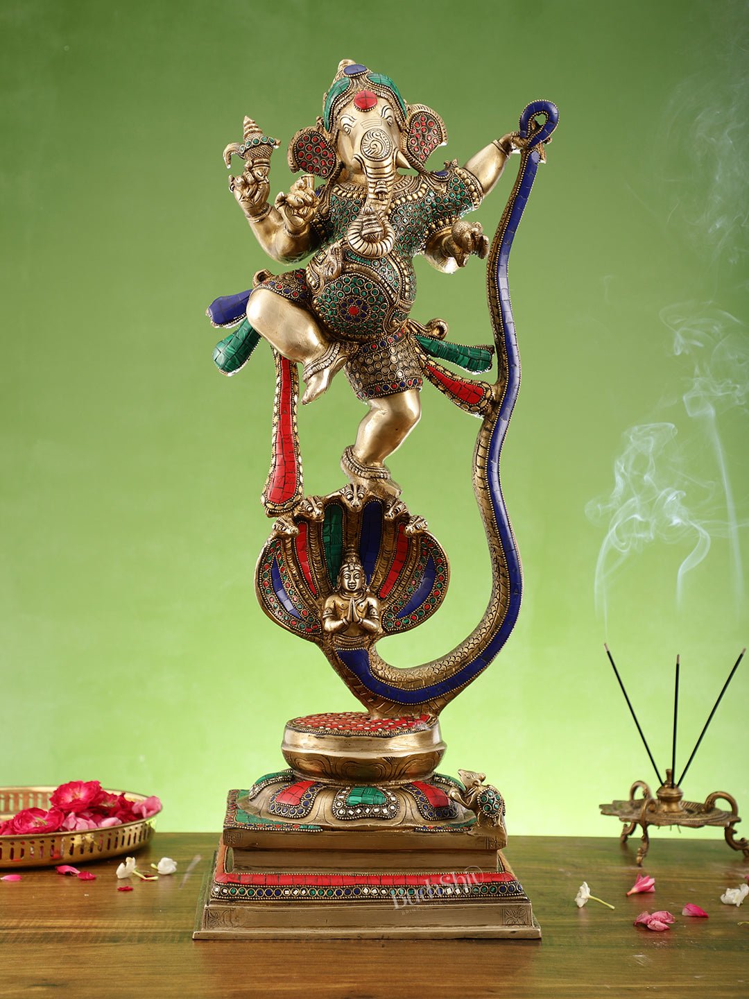 Exquisite Brass Statue of Ganapathi Dancing on Vasuki Naga 26" - Sama Homes Idol - Brass Sculpture