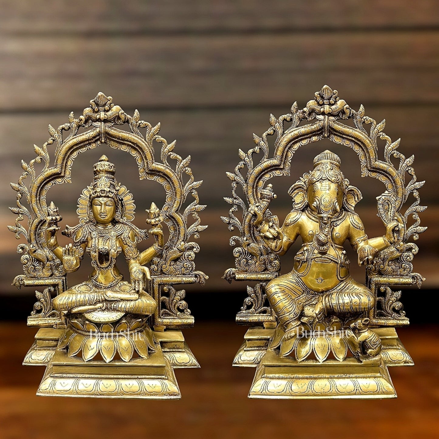 Brass Ganesh Lakshmi Large Idols - Antique Finish - 16 Inch | 100% Certified Copper & Brass - Sama Homes Idol - Brass Sculpture
