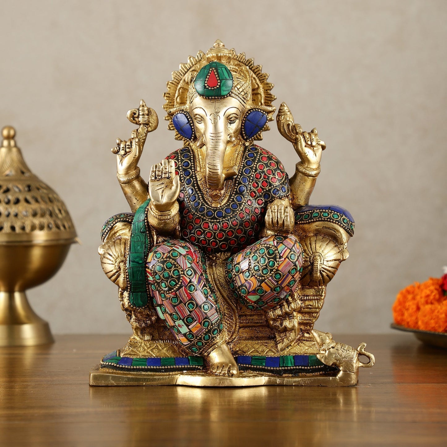Brass Ganesha Idol with Meenakari Stonework | 10" Height | Vibrant | 100% Certified Copper & Brass - Sama Homes Idol - Brass Sculpture