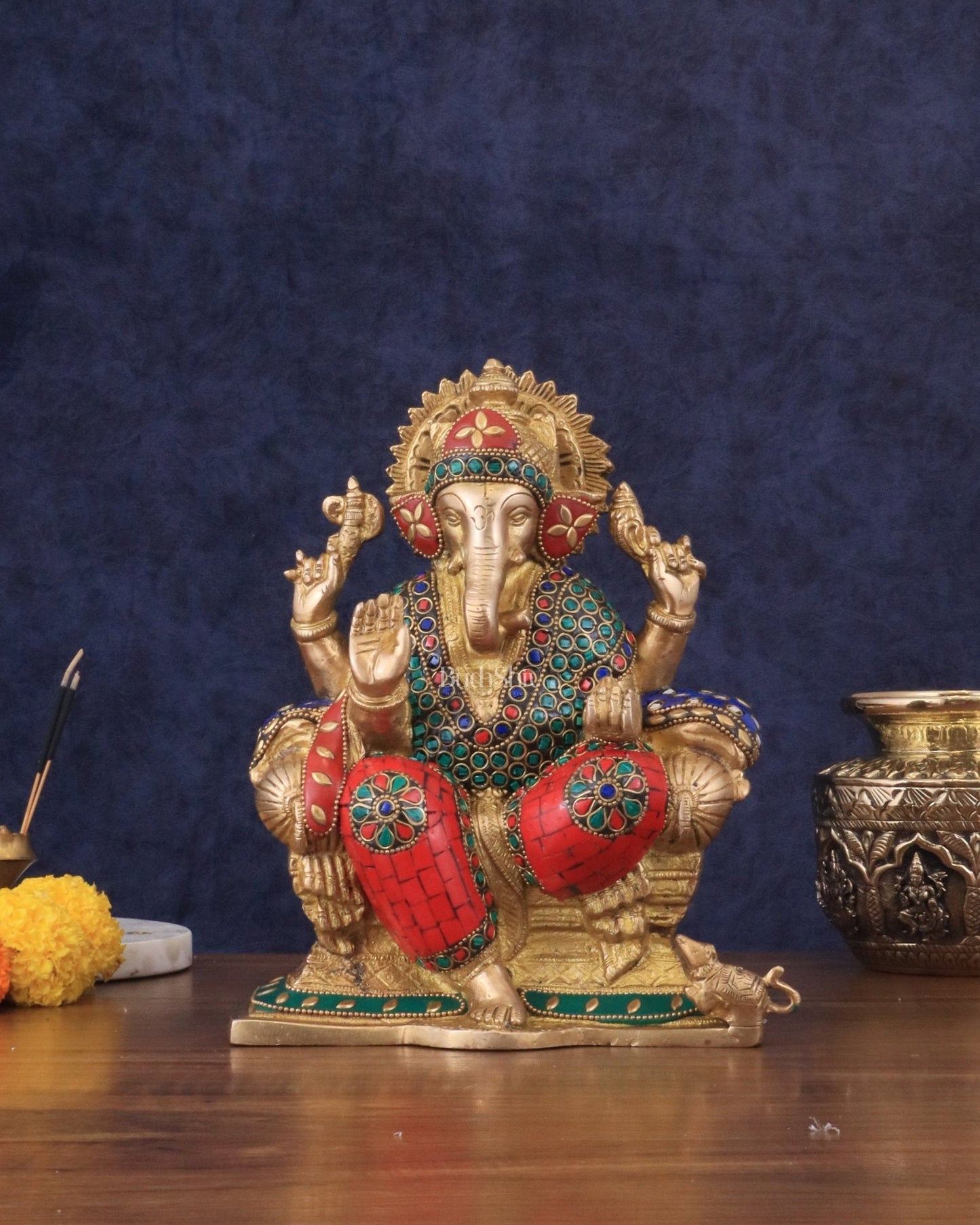 Brass Ganesha murti with Meenakari Stonework | 10" Height | 100% Certified Copper & Brass - Sama Homes Idol - Brass Sculpture