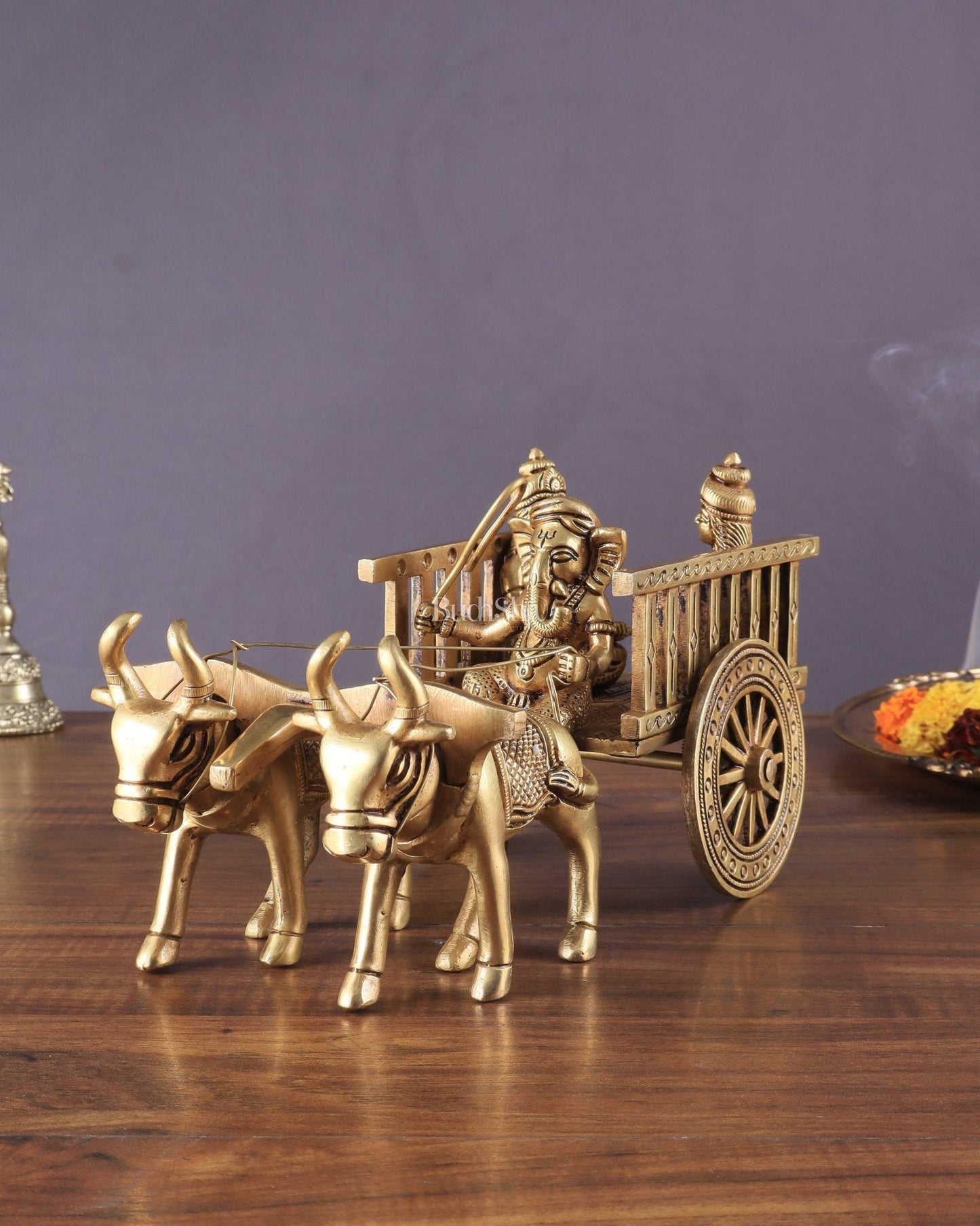 Brass Ganesha showpiece bullock cart with riddhi siddhi enhanced carvings | 100% Certified Copper & Brass - Sama Homes Idol - Brass Sculpture