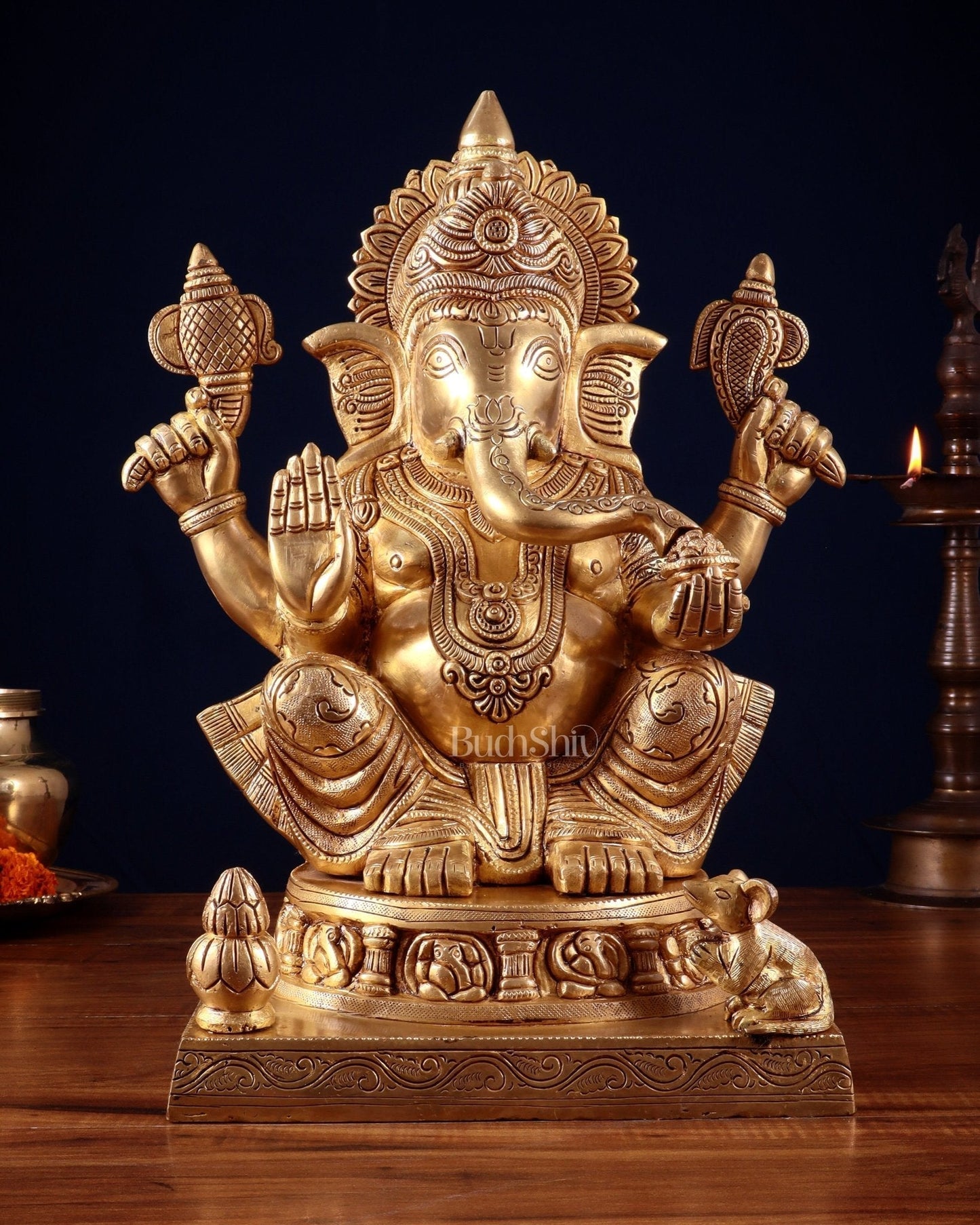 Brass Ganesha Statue with Ashtavinayak Carvings – 15 Inch antique tone | 100% Certified Copper & Brass - Sama Homes Idol - Brass Sculpture