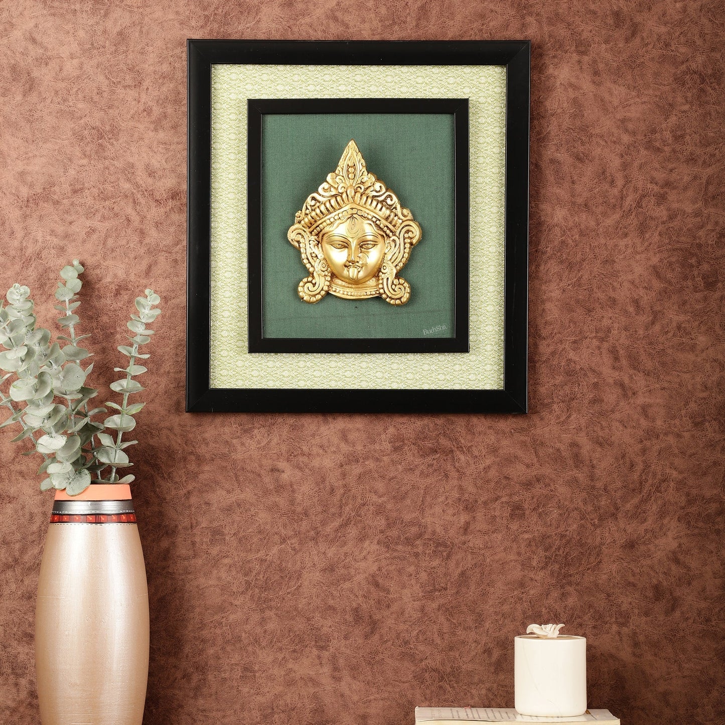 Brass Goddess Kali Face Hanging on Wooden Frame with Premium Fabric - 13.5" x 14.5" | 100% Certified Copper & Brass - Sama Homes Idol - Brass Sculpture