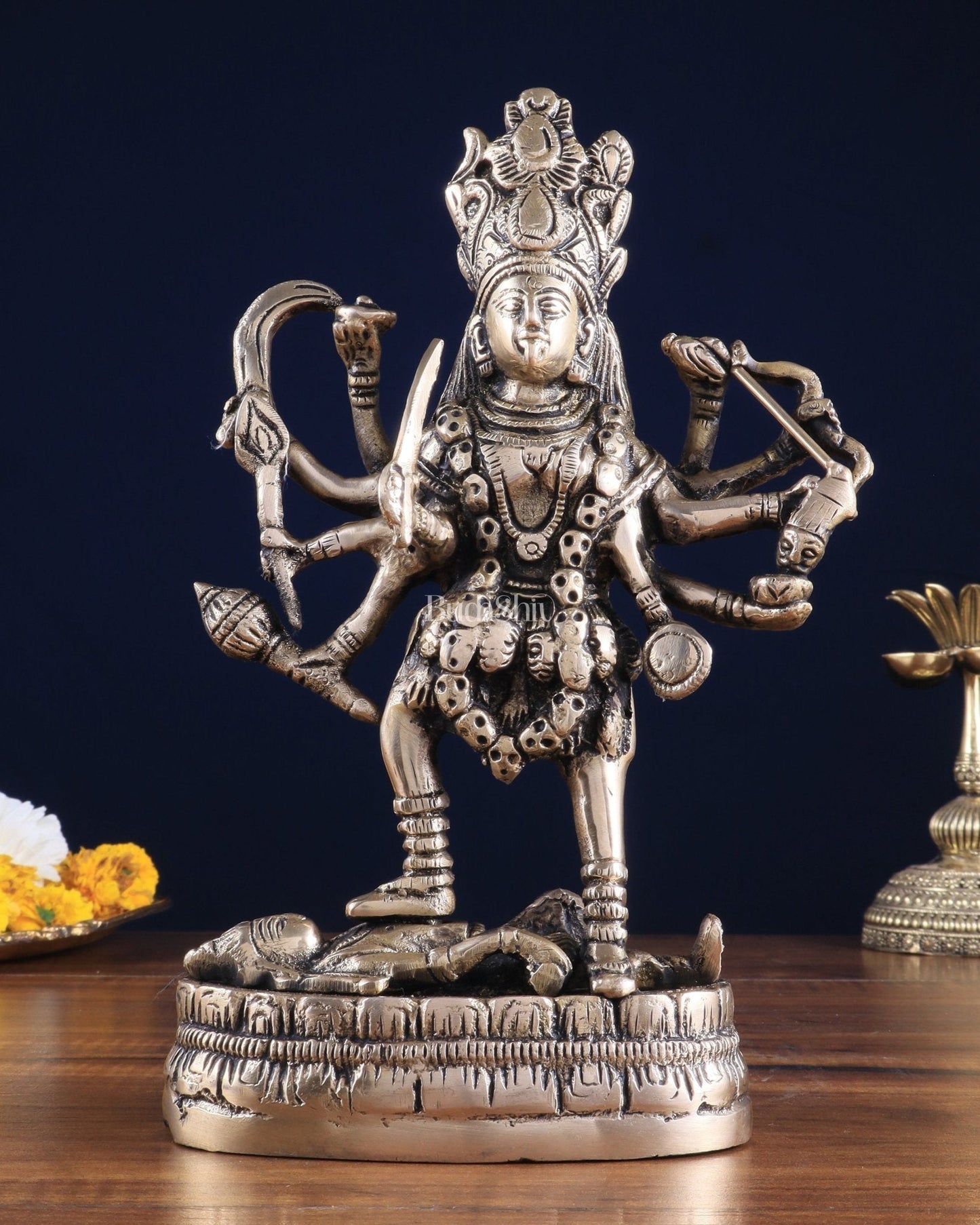 Brass Goddess Kali Statue with Four Arms – 9" x 6" x 3" | Powerful Divine Idol | 100% Certified Copper & Brass - Sama Homes Idol - Brass Sculpture