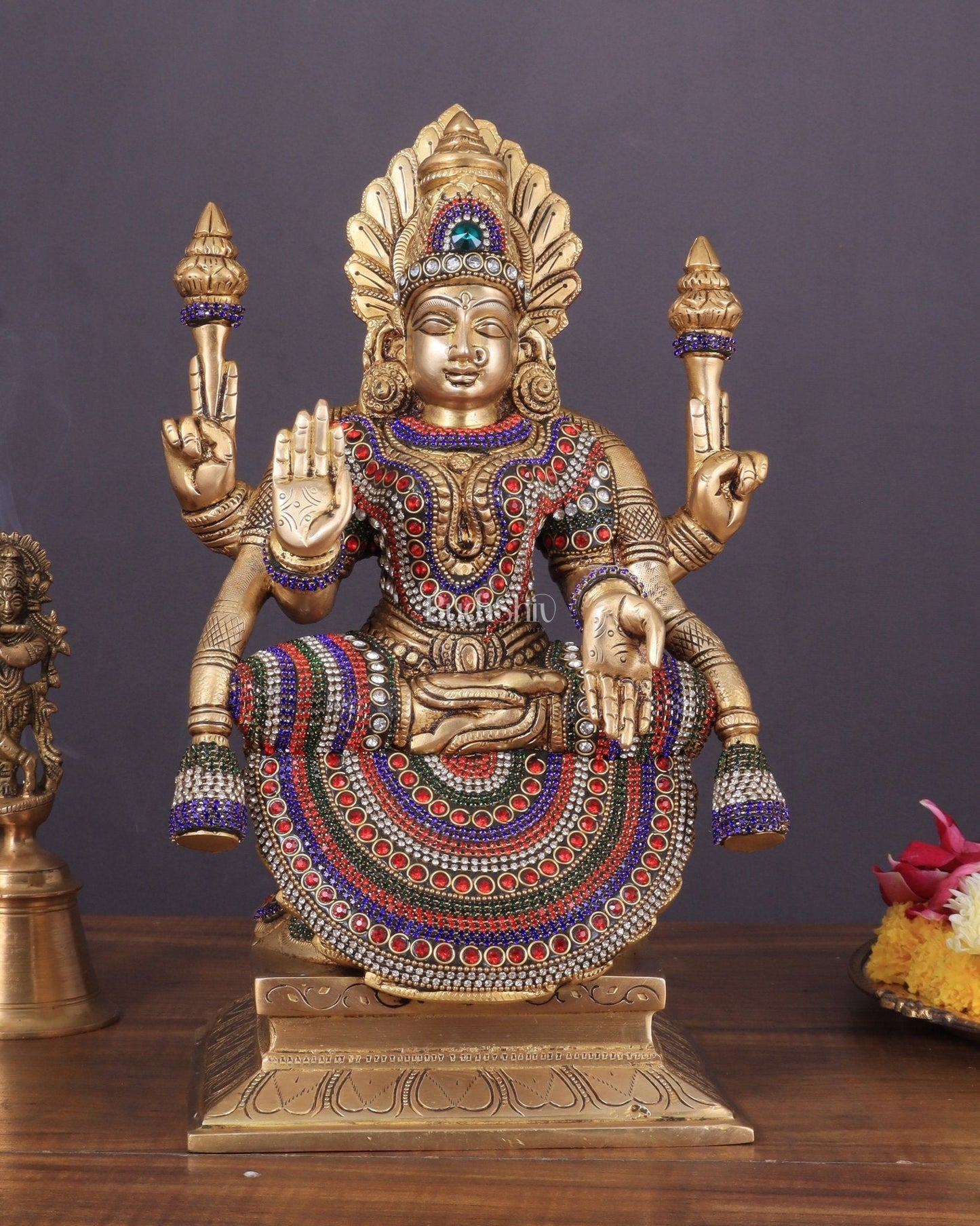 Brass Goddess Lakshmi as Padmavati Statue Murti Idol | 12.5" jewels meenakari | 100% Certified Copper & Brass - Sama Homes Idol - Brass Sculpture