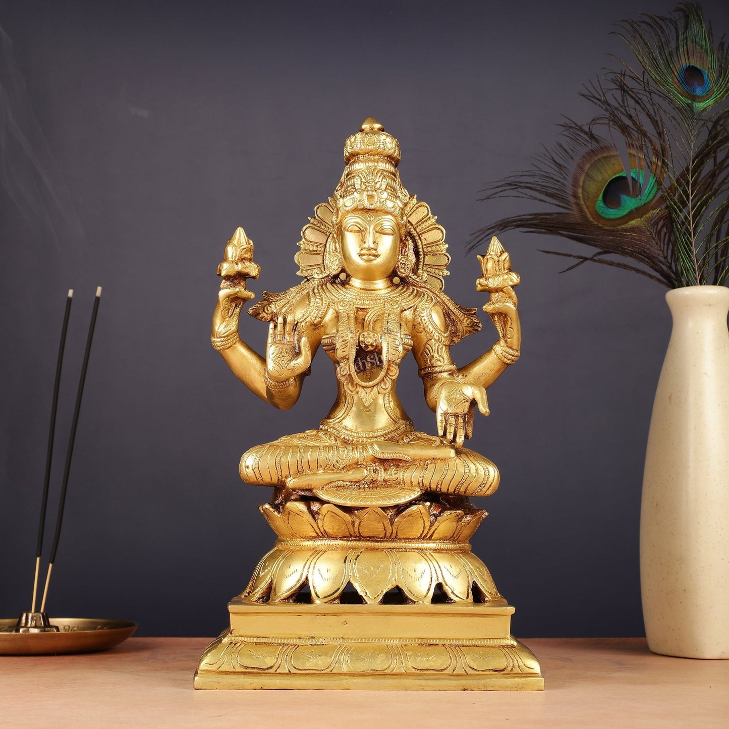 Brass Goddess Lakshmi Statue 12" | 100% Certified Copper & Brass - Sama Homes Idol - Brass Sculpture