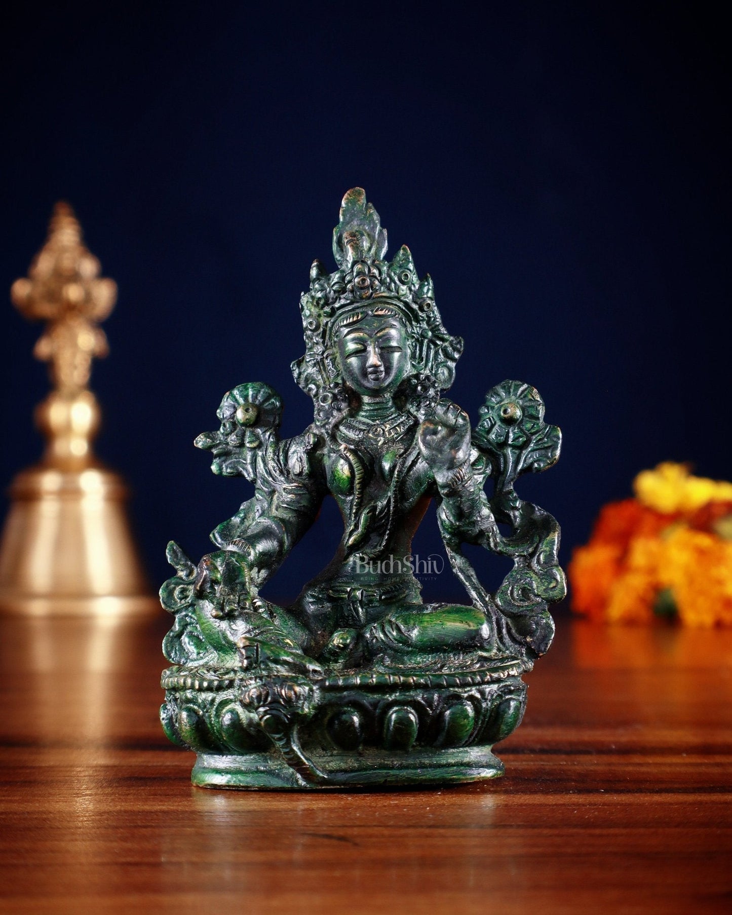 Brass Green tara devi statue 3" agate green tone | 100% Certified Copper & Brass - Sama Homes Idol - Brass Sculpture