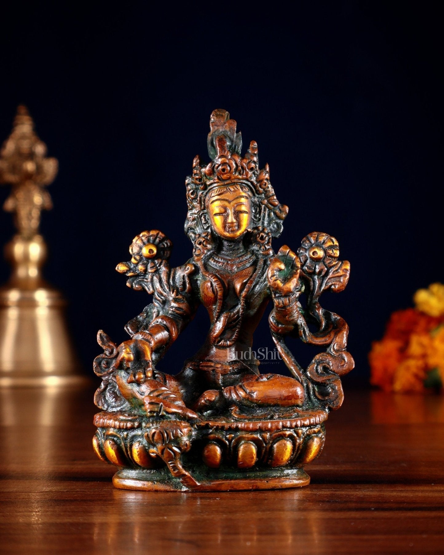 Brass Green tara devi statue 3" Nepalese orange tone | 100% Certified Copper & Brass - Sama Homes Idol - Brass Sculpture