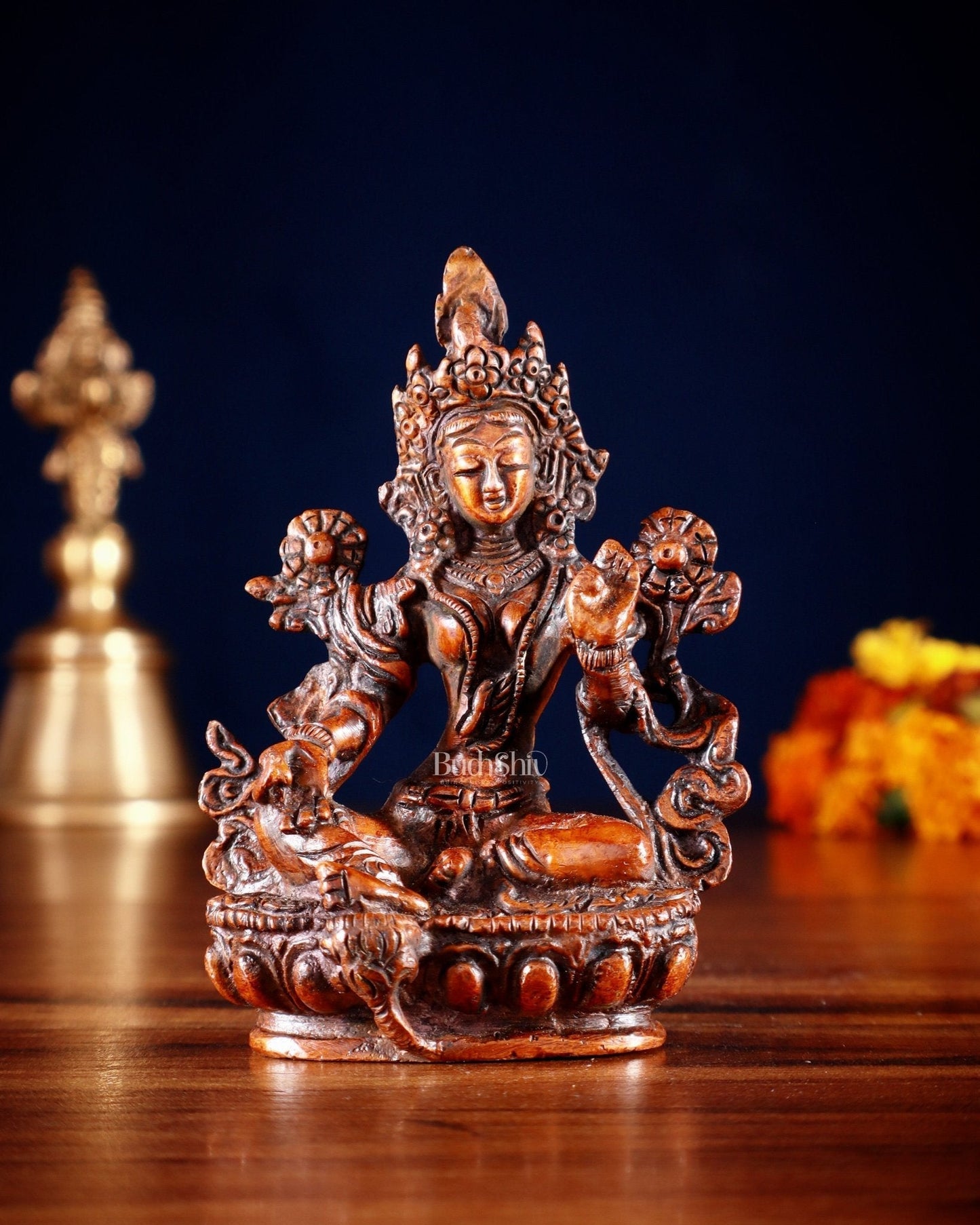 Brass Green tara devi statue 3" Tibetan red tone | 100% Certified Copper & Brass - Sama Homes Idol - Brass Sculpture