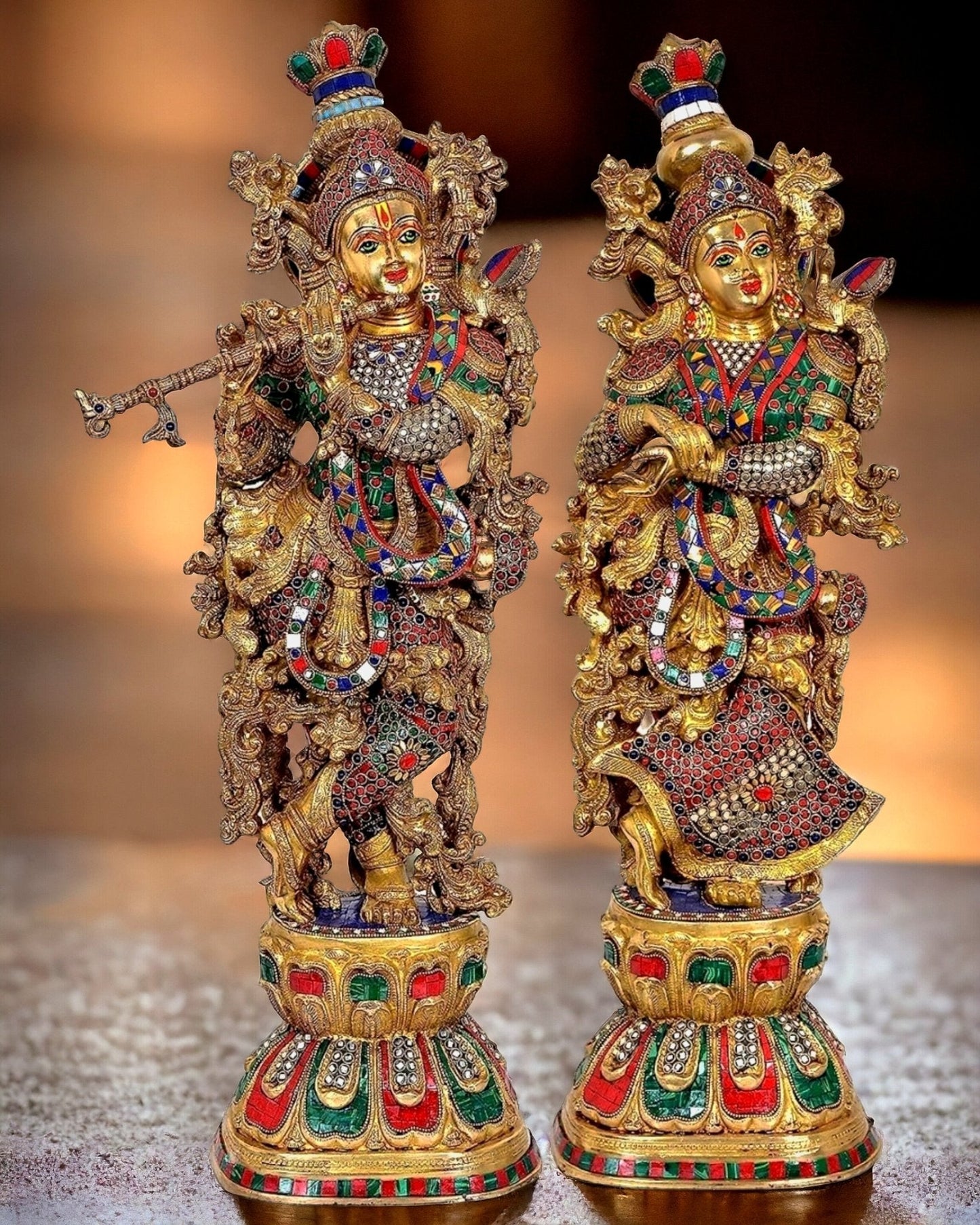 Brass Handcrafted Radha Krishna statue pair with Meenakari - 29" Tall, 33 kg Pair | 100% Certified Copper & Brass - Sama Homes Idol - Brass Sculpture