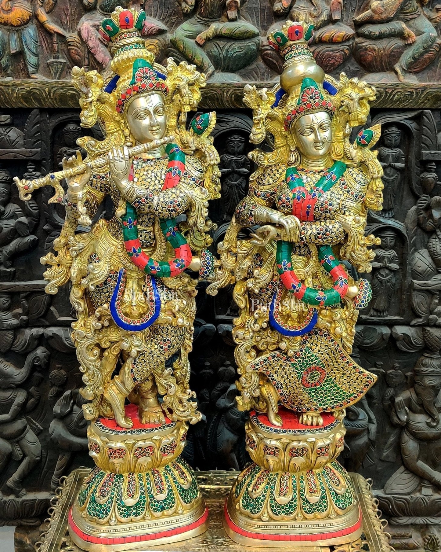Brass Handmade Radha Krishna Idol Pair with Meenakari Stonework - 30 Inch | 100% Certified Copper & Brass - Sama Homes Idol - Brass Sculpture