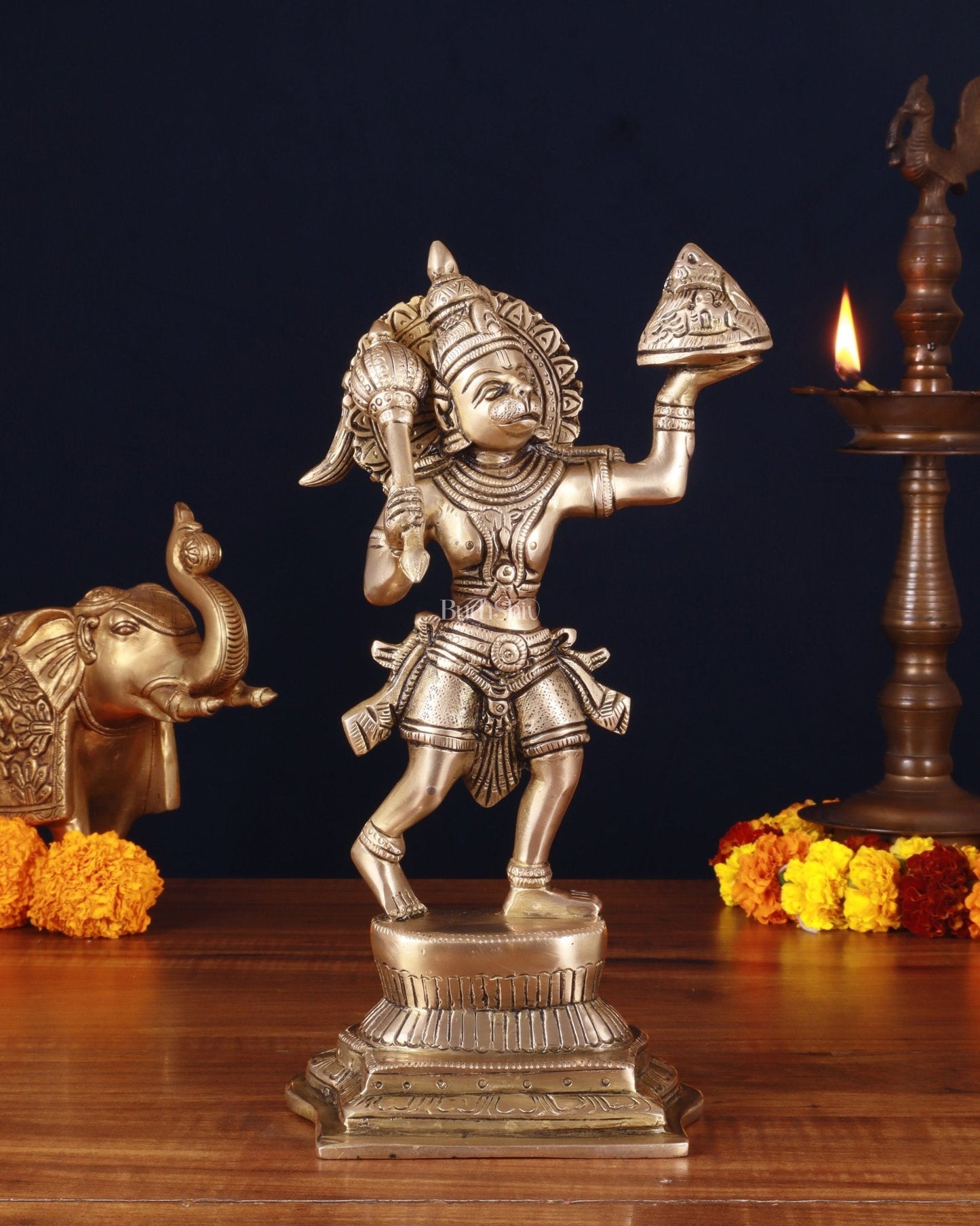 Brass Hanuman Carrying Sanjeevani Mountain Fine Statue – 12 Inch | 100% Certified Copper & Brass - Sama Homes Idol - Brass Sculpture