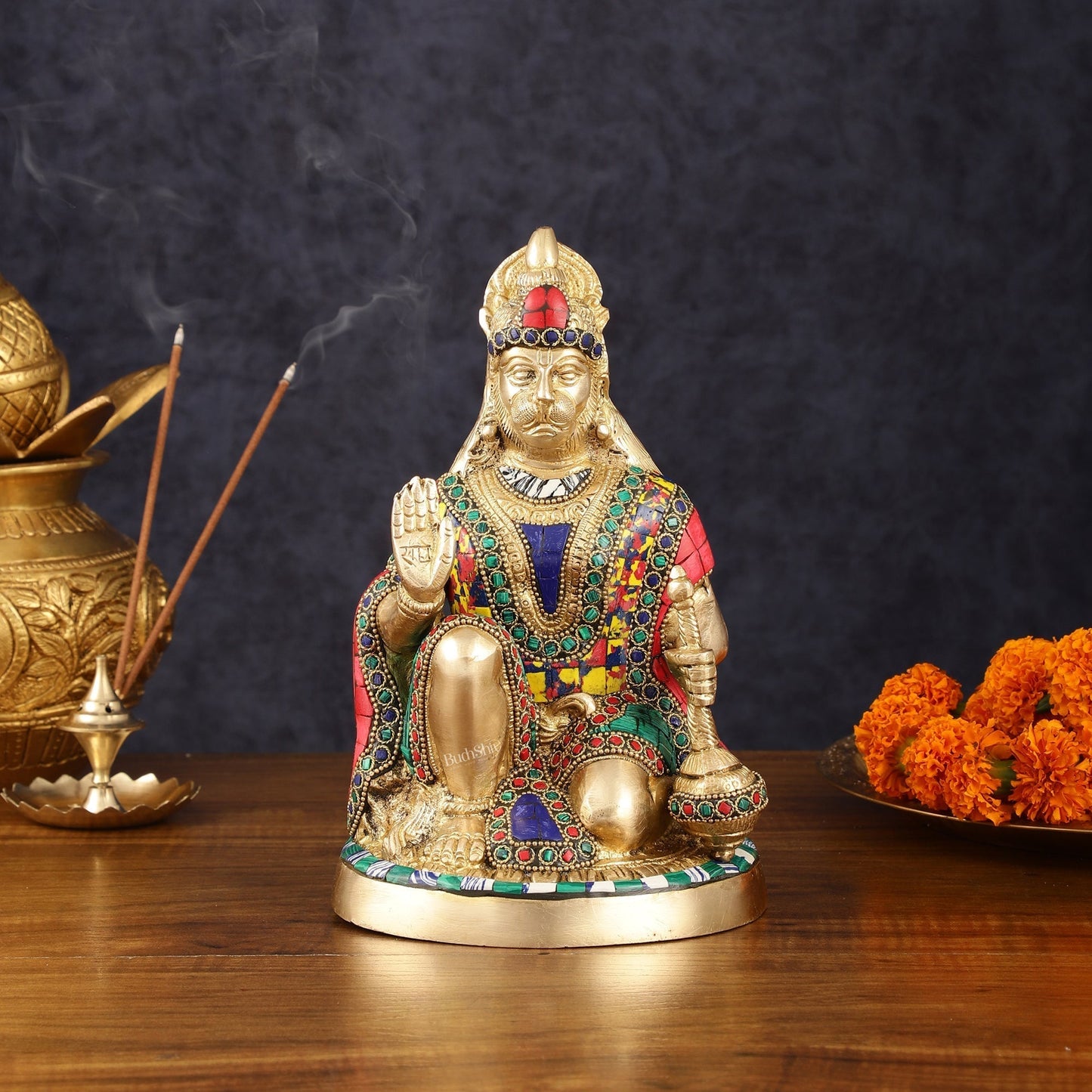 Brass Hanuman Idol with Meenakari Stonework - 9" Height, Symbol of Devotion and Strength | 100% Certified Copper & Brass - Sama Homes Idol - Brass Sculpture