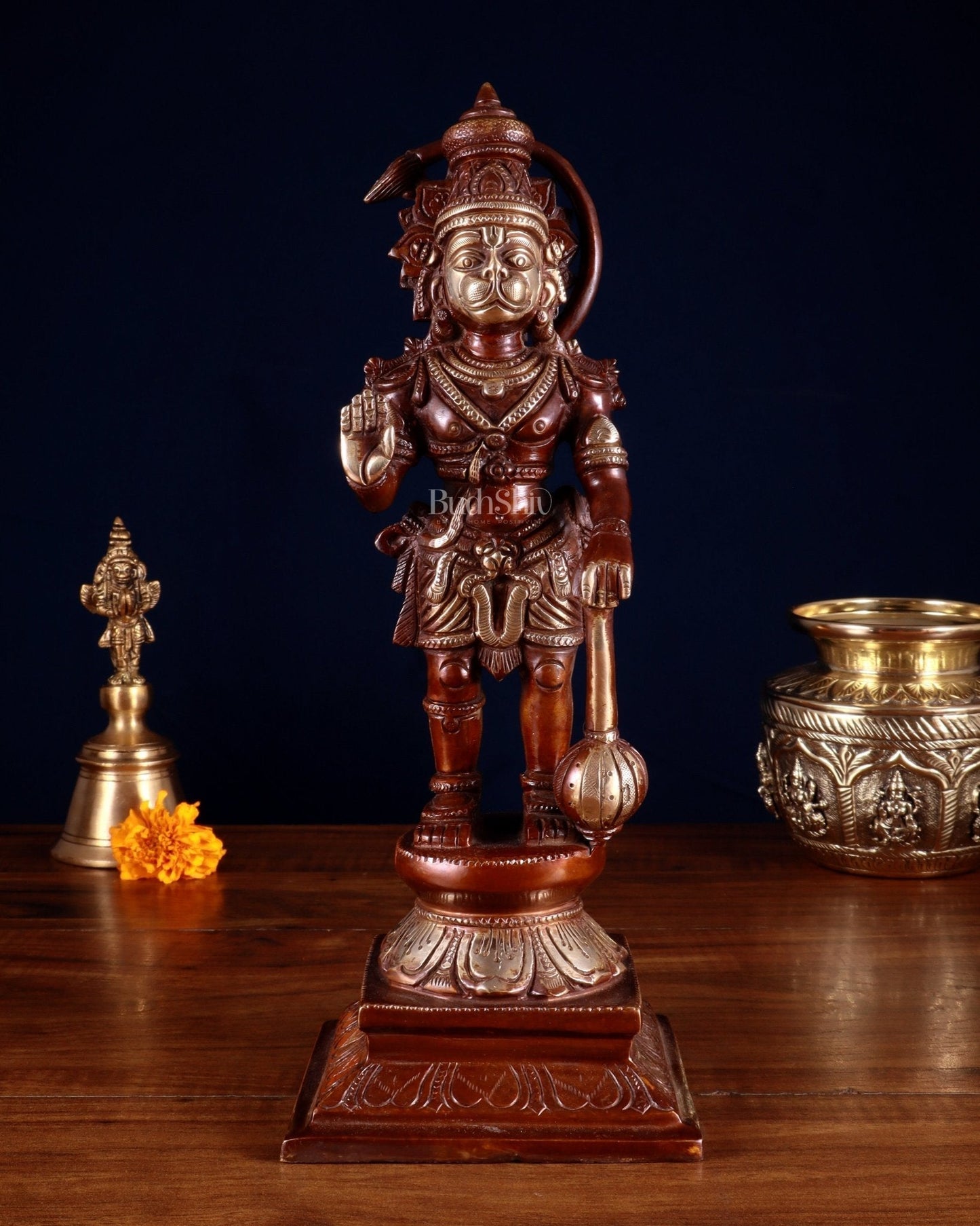 Brass Hanuman Ji Statue in Blessing Mudra – 12” | 100% Certified Copper & Brass - Sama Homes Idol - Brass Sculpture