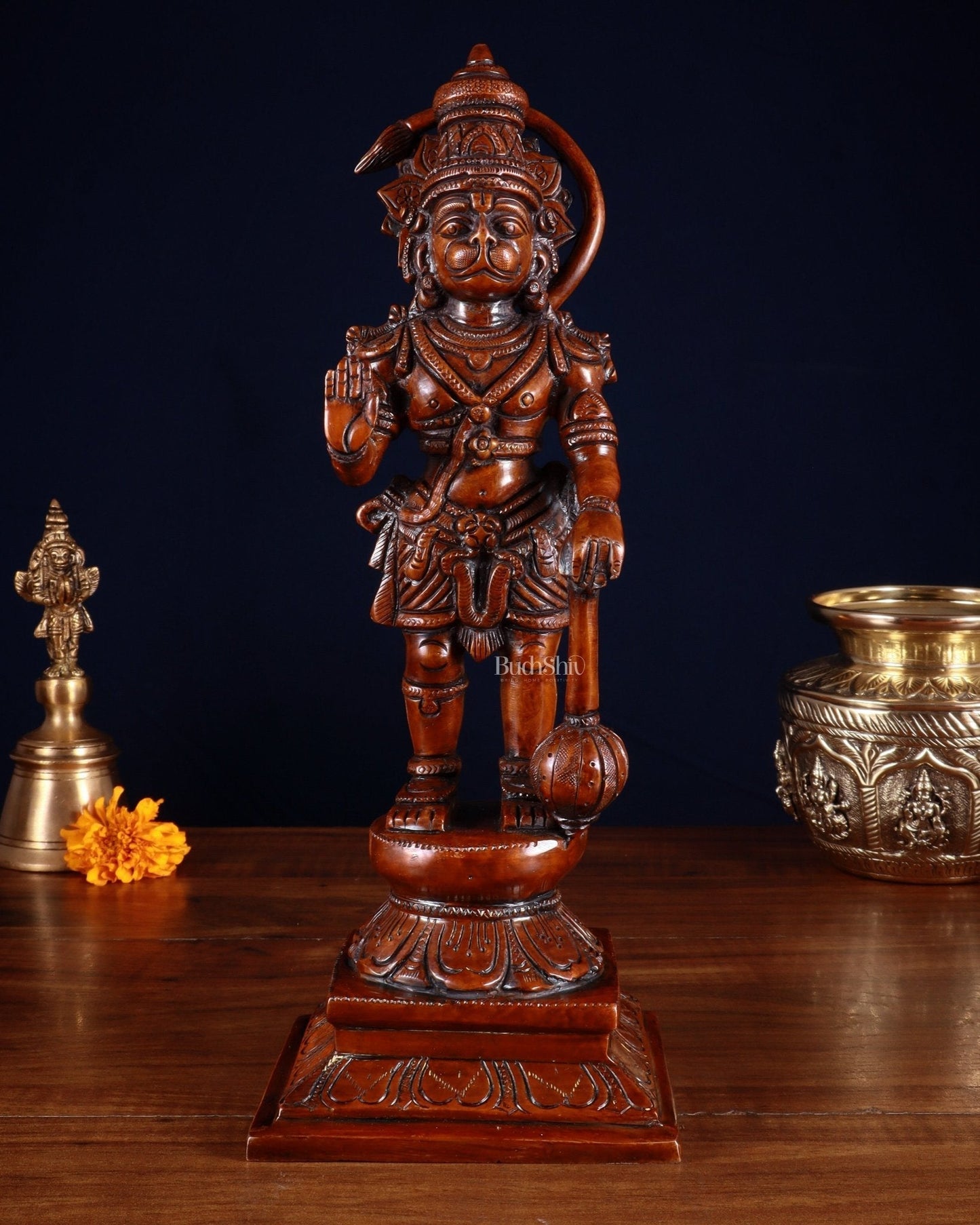 Brass Hanuman statue in Blessing Mudra 12" Vintage dark red tone | 100% Certified Copper & Brass - Sama Homes Idol - Brass Sculpture