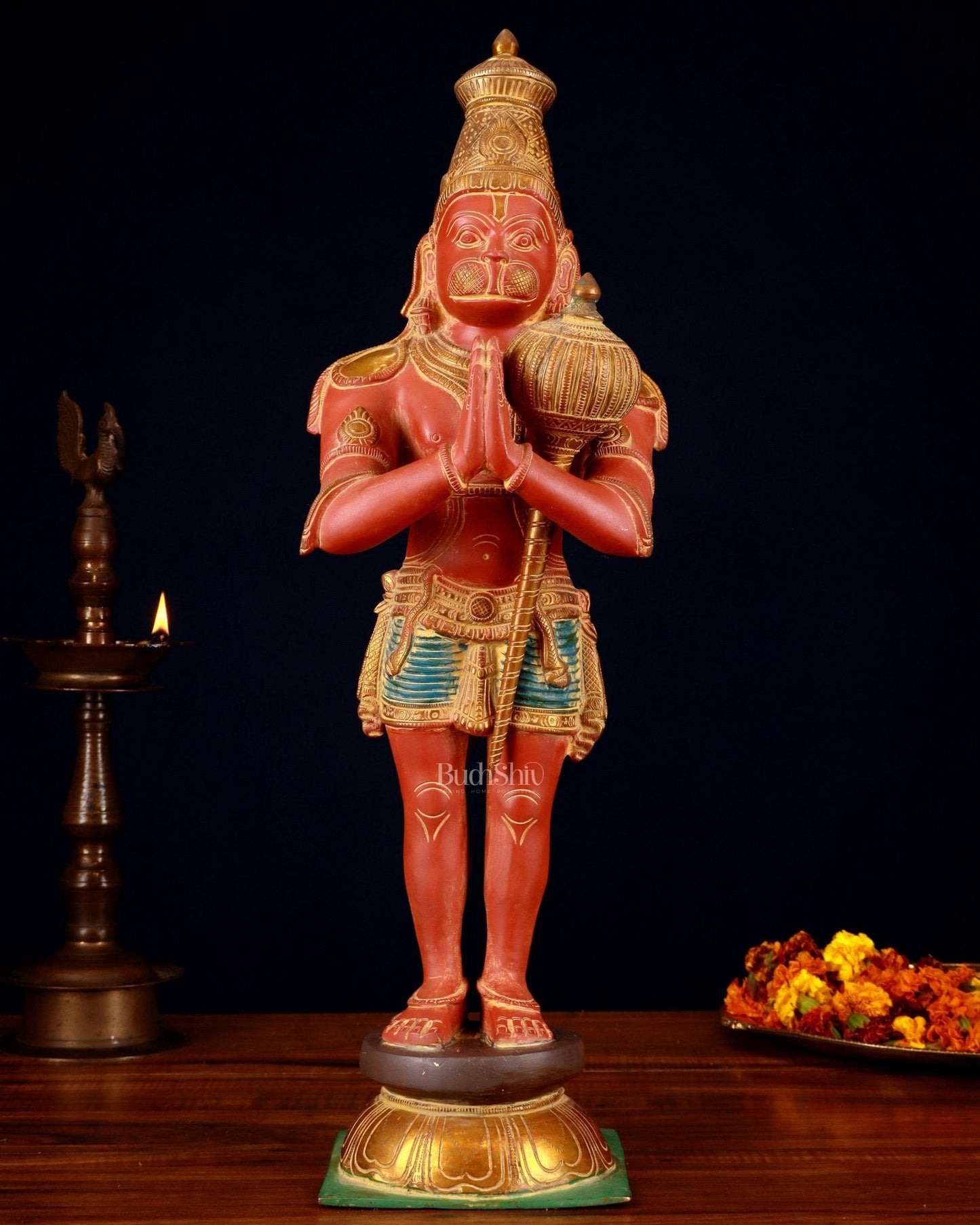 Brass Hanuman Statue in Namashkar Mudra | 21.5" Height | Red sand finish | 100% Certified Copper & Brass - Sama Homes Idol - Brass Sculpture