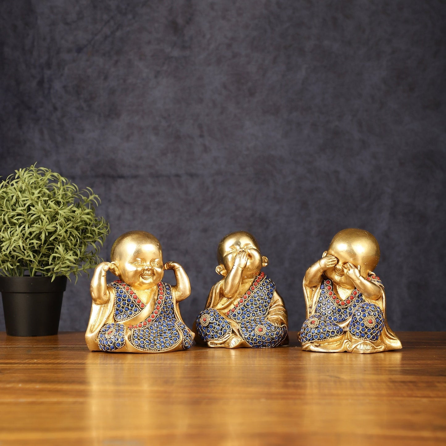 Brass Happy Baby monks set of 3 showpiece | 100% Certified Copper & Brass - Sama Homes Idol - Brass Sculpture