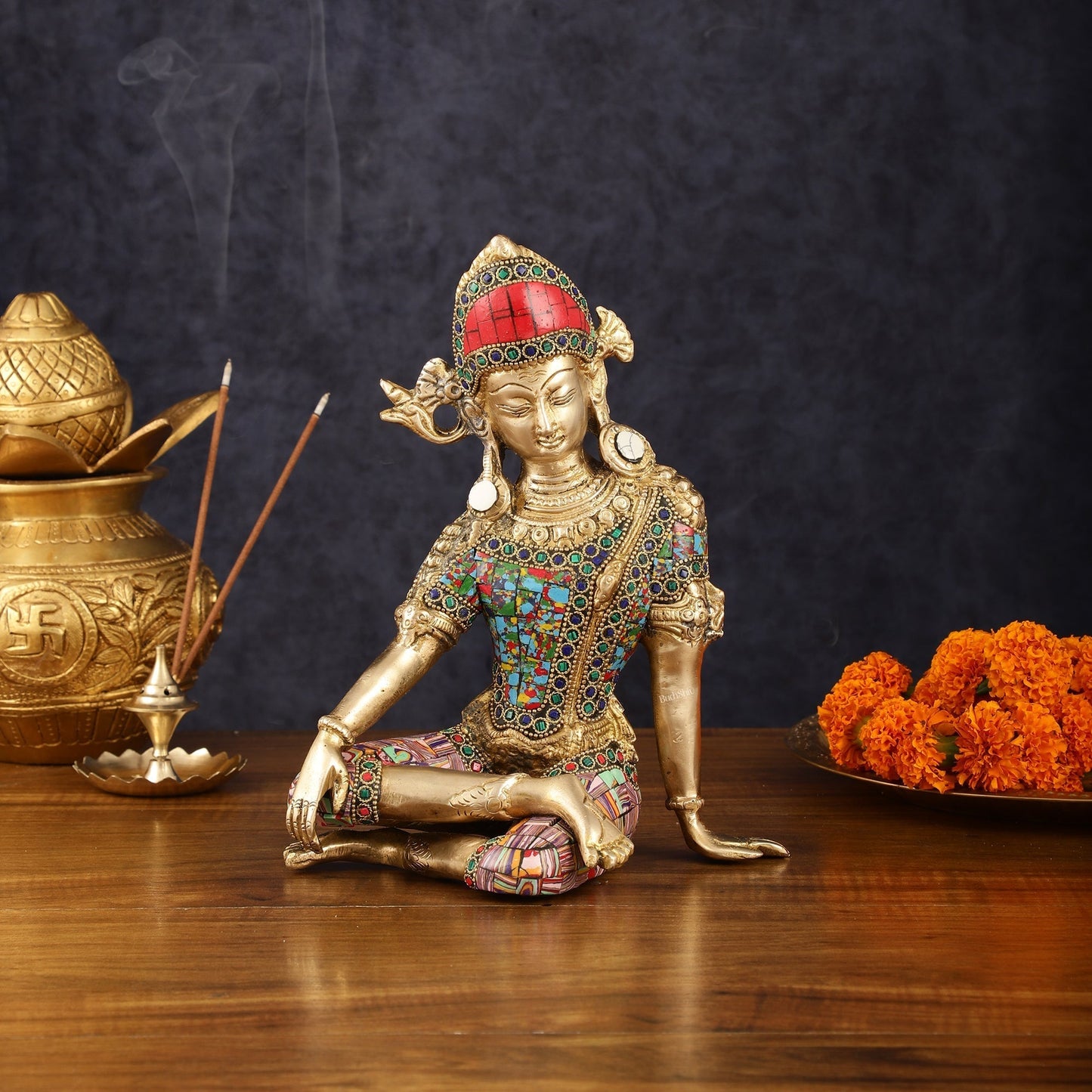 Brass Indra Dev Murti with Stonework - 9.5" | 100% Certified Copper & Brass - Sama Homes Idol - Brass Sculpture