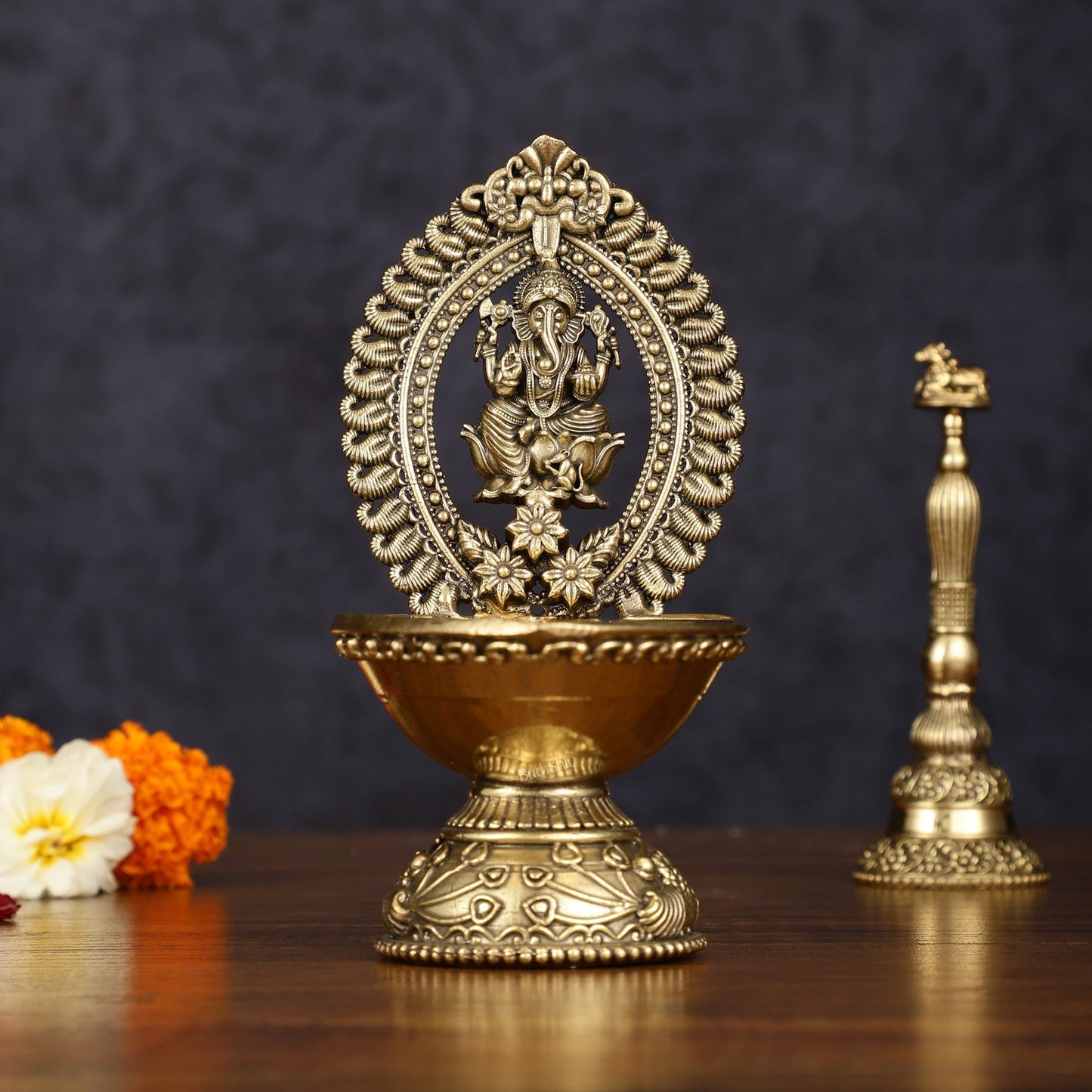 Brass Intricately Carved Ganesha Oil Lamp Diya - 6" Tall | 100% Certified Copper & Brass - Sama Homes Idol - Brass Sculpture