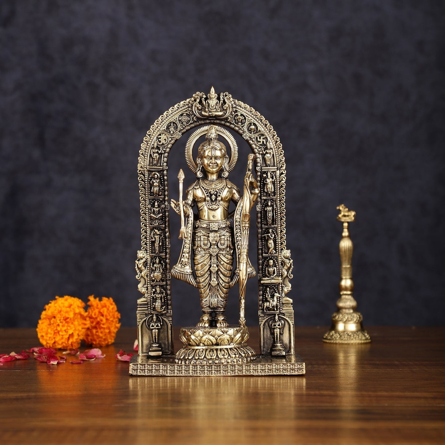Brass Intricately Carved Ram Lalla Idol - Inspired by Ayodhya Temple, 8" Tall | 100% Certified Copper & Brass - Sama Homes Idol - Brass Sculpture