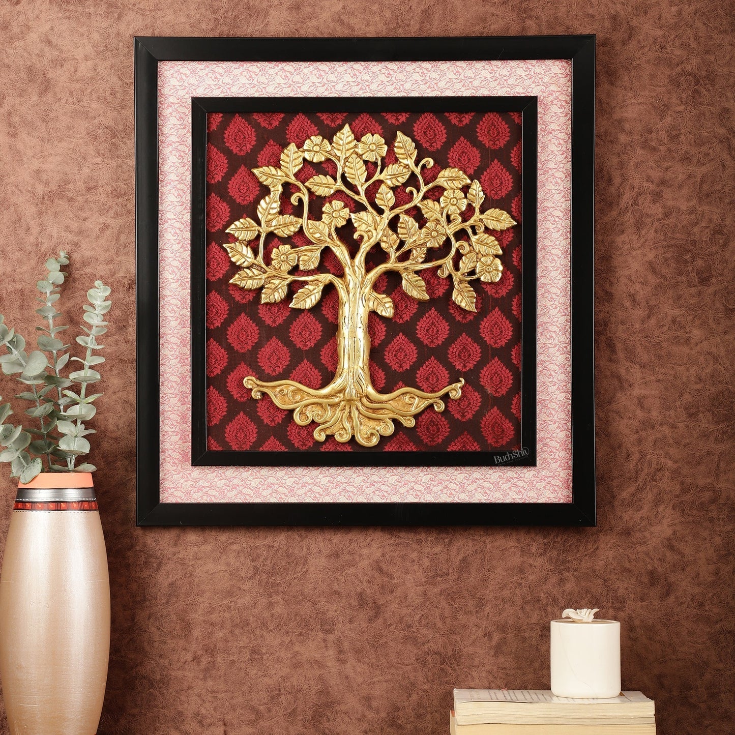 Brass Kalpavriksha Tree Hanging on Wooden Frame with Premium Fabric - 20" x 18.5" | 100% Certified Copper & Brass - Sama Homes Idol - Brass Sculpture