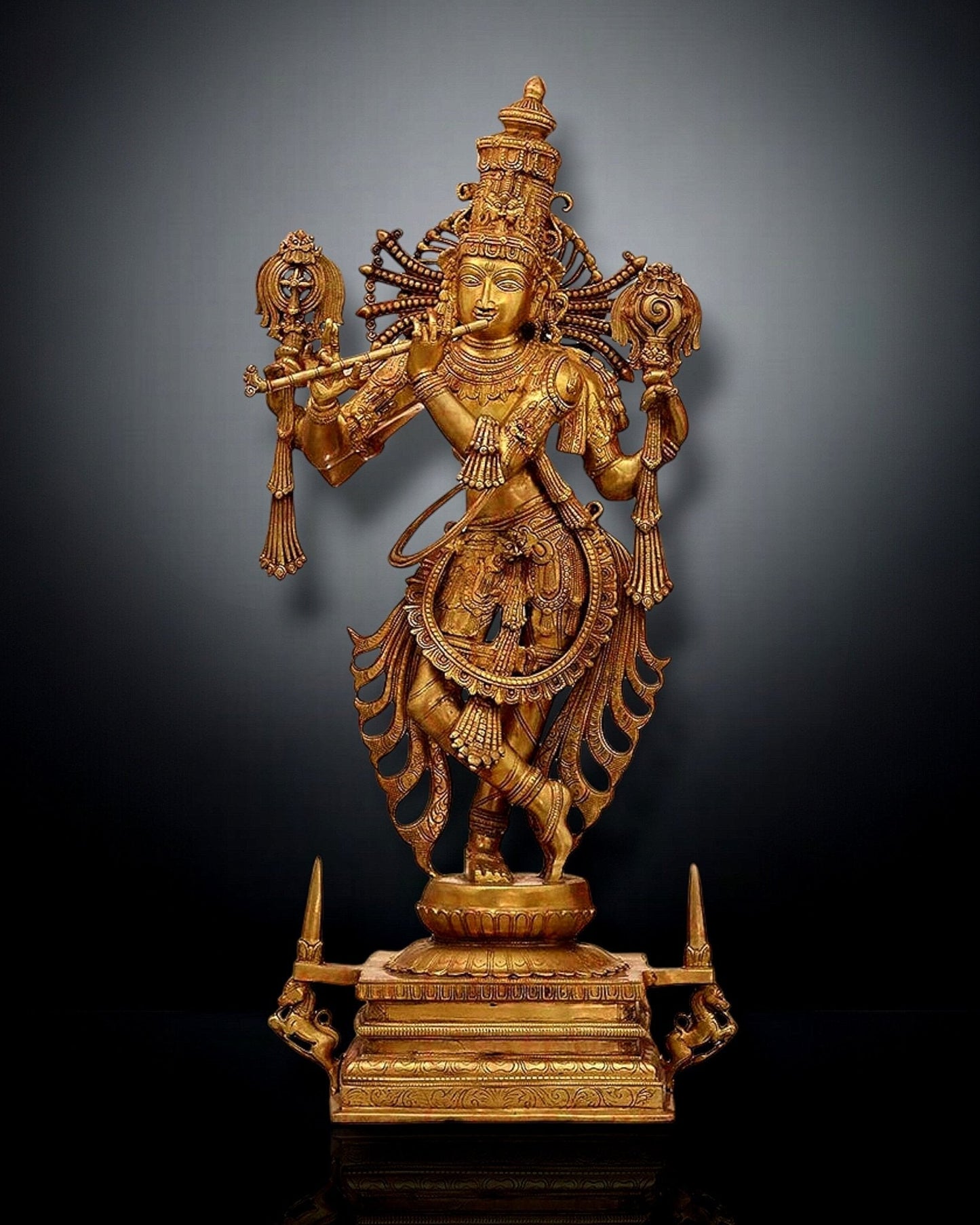 Brass Krishna Statue: Handcrafted Superfine Brass Idol 40" | 100% Certified Copper & Brass - Sama Homes Idol - Brass Sculpture