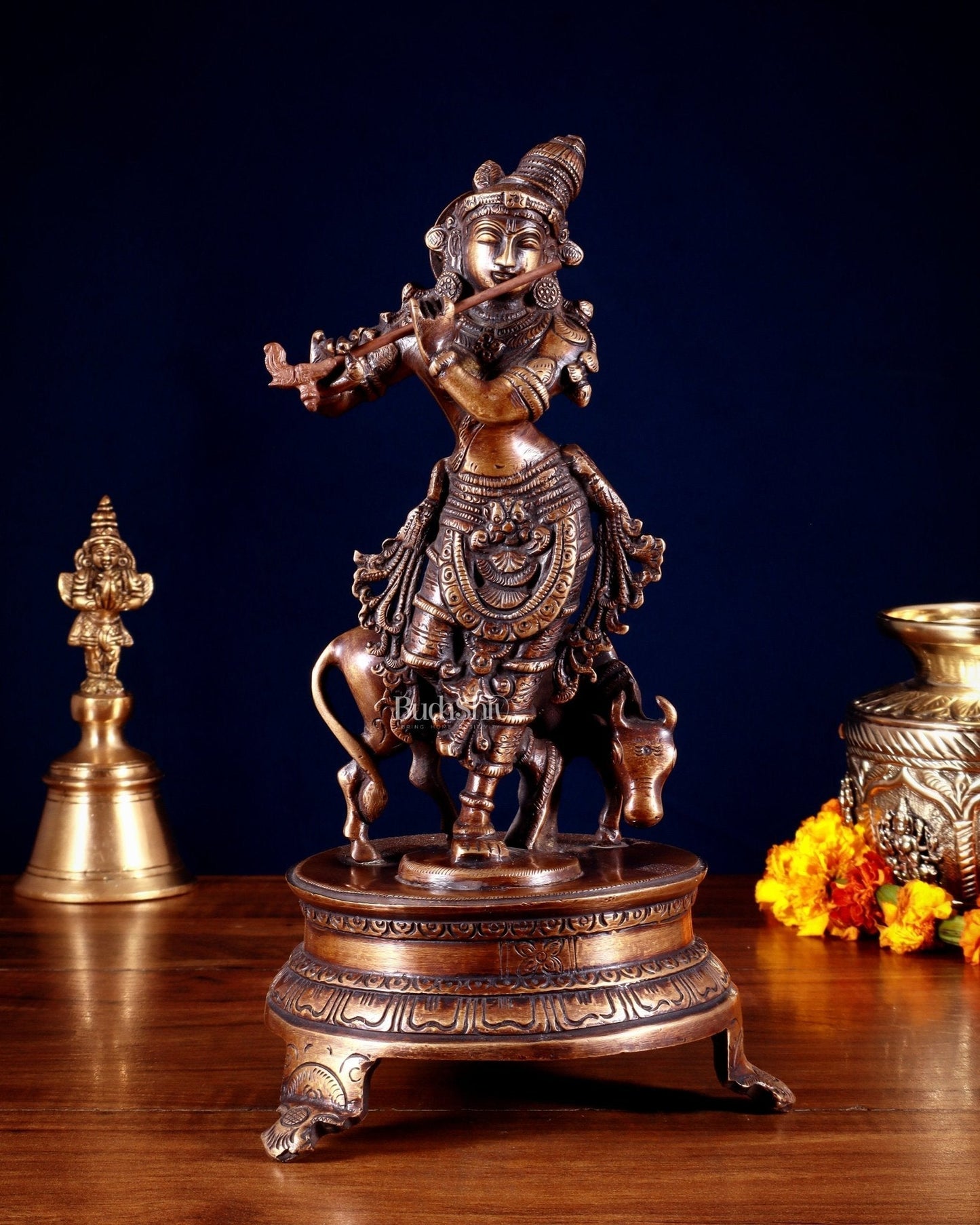 Brass Krishna with Cow 10.5 inch antique burnt tone | 100% Certified Copper & Brass - Sama Homes Idol - Brass Sculpture