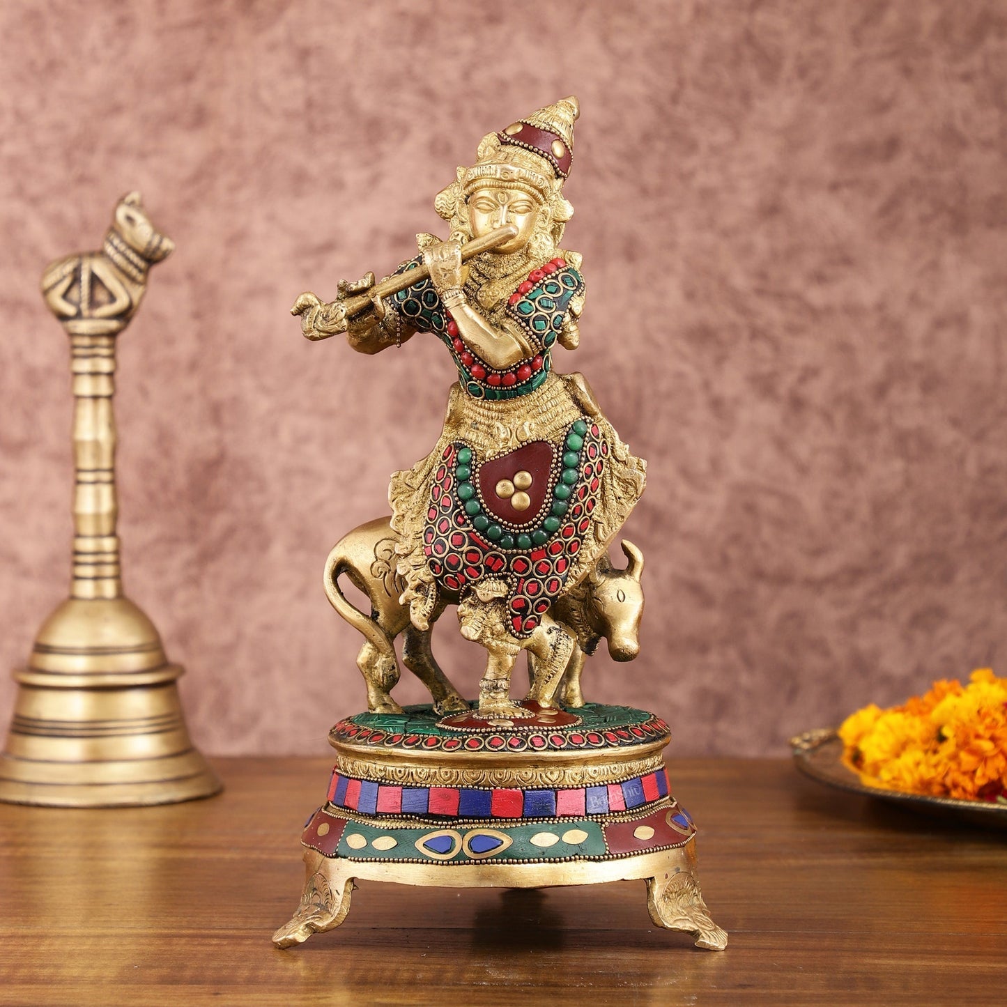 Brass Krishna with Cow on Round Pedestal - Venugopala Murthy | 10.5" stonework | 100% Certified Copper & Brass - Sama Homes Idol - Brass Sculpture