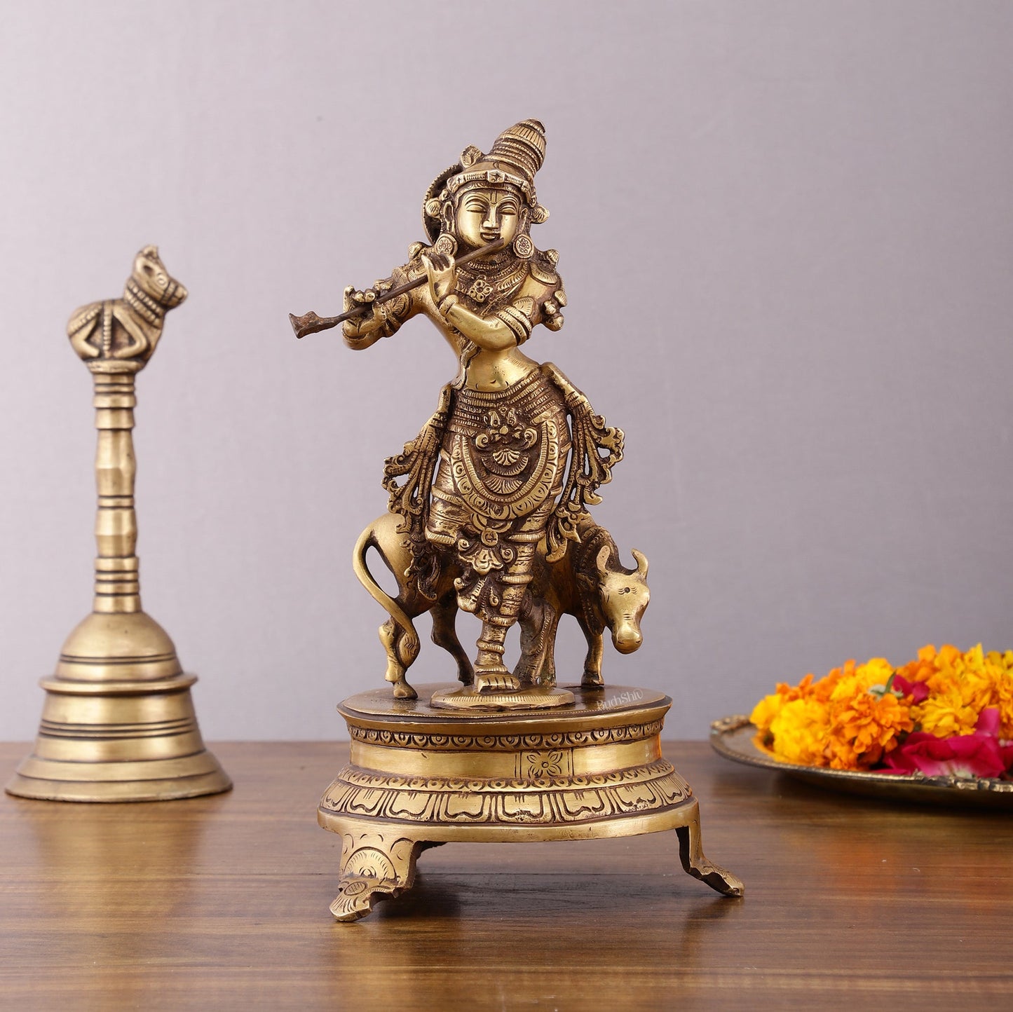 Brass Krishna with Cow on Round Pedestal - Venugopala Murthy | 10.5" | 100% Certified Copper & Brass - Sama Homes Idol - Brass Sculpture
