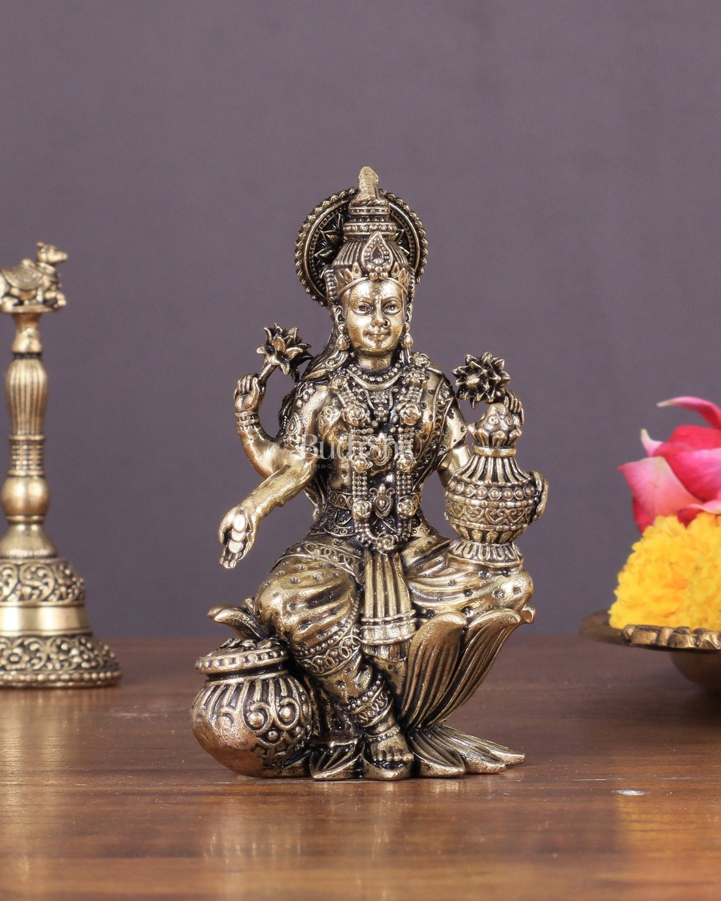 Brass Lakshmi Idol Seated on Lotus 4 inch | 100% Certified Copper & Brass - Sama Homes Idol - Brass Sculpture