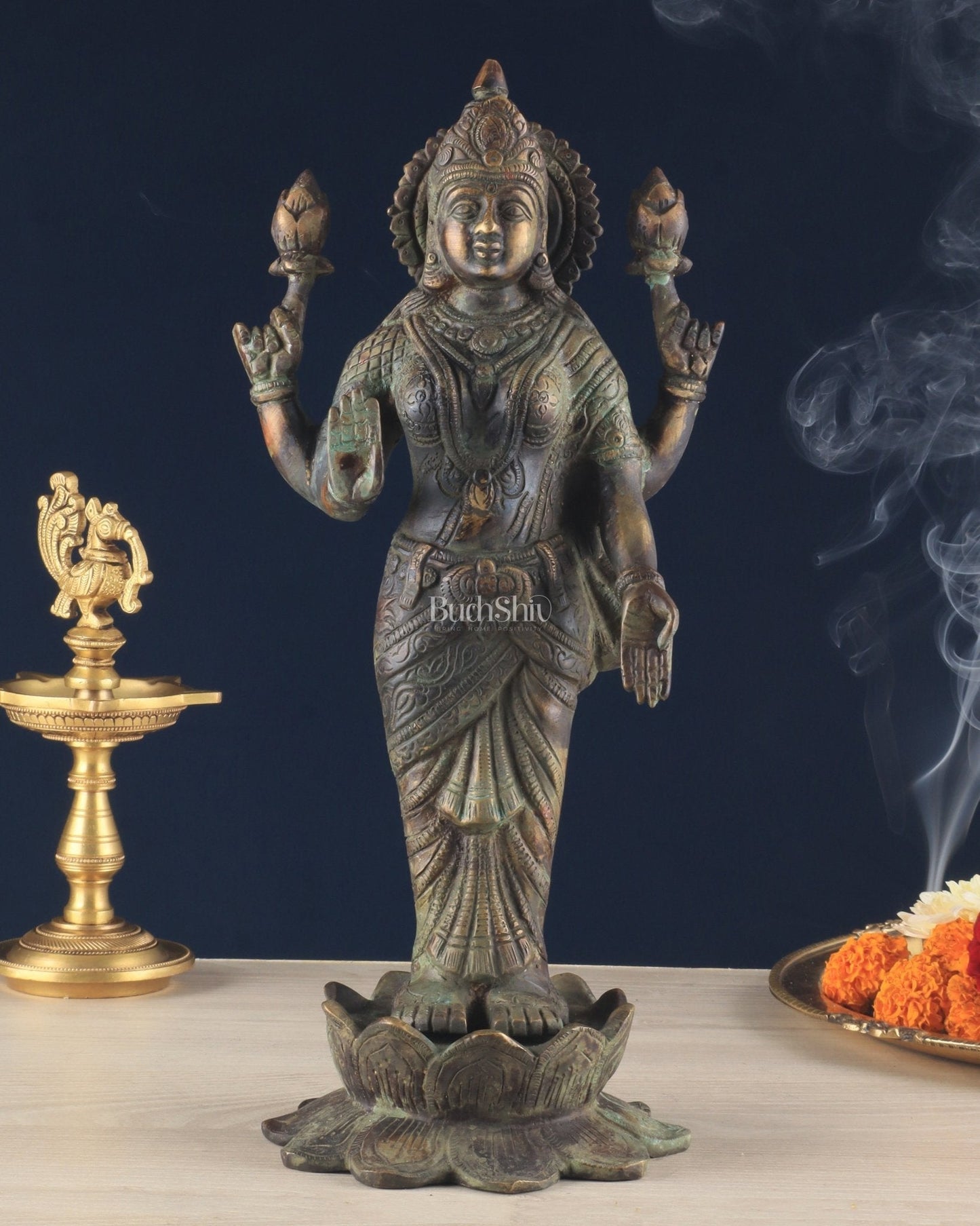 Brass Lakshmi idol standing vintage patine 16.5" | 100% Certified Copper & Brass - Sama Homes Idol - Brass Sculpture