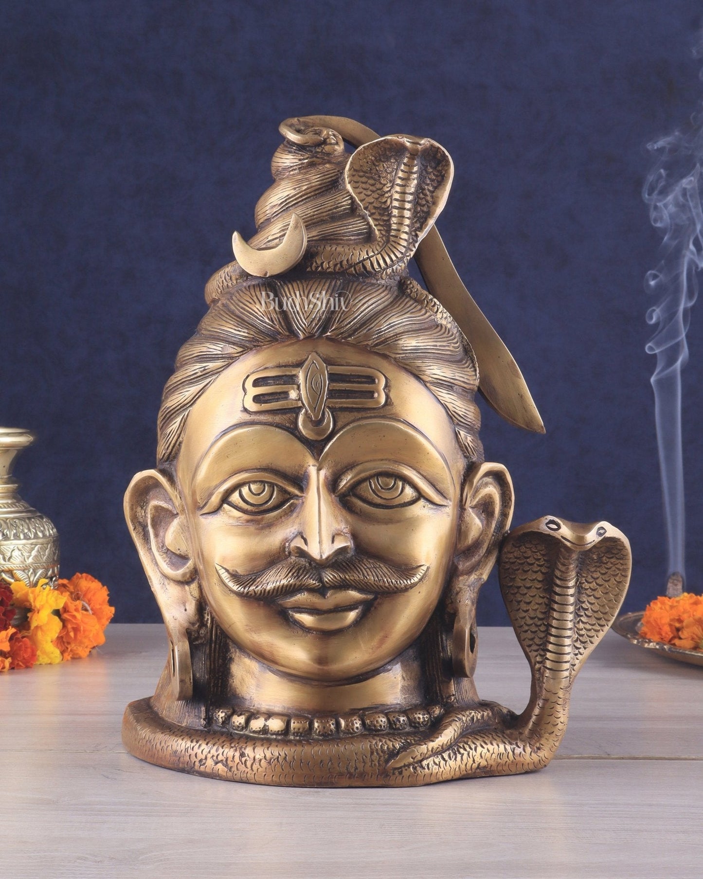 Brass Large Lord Shiva Face Mahakaal Mukhalingam Statue 12" | 100% Certified Copper & Brass - Sama Homes Idol - Brass Sculpture