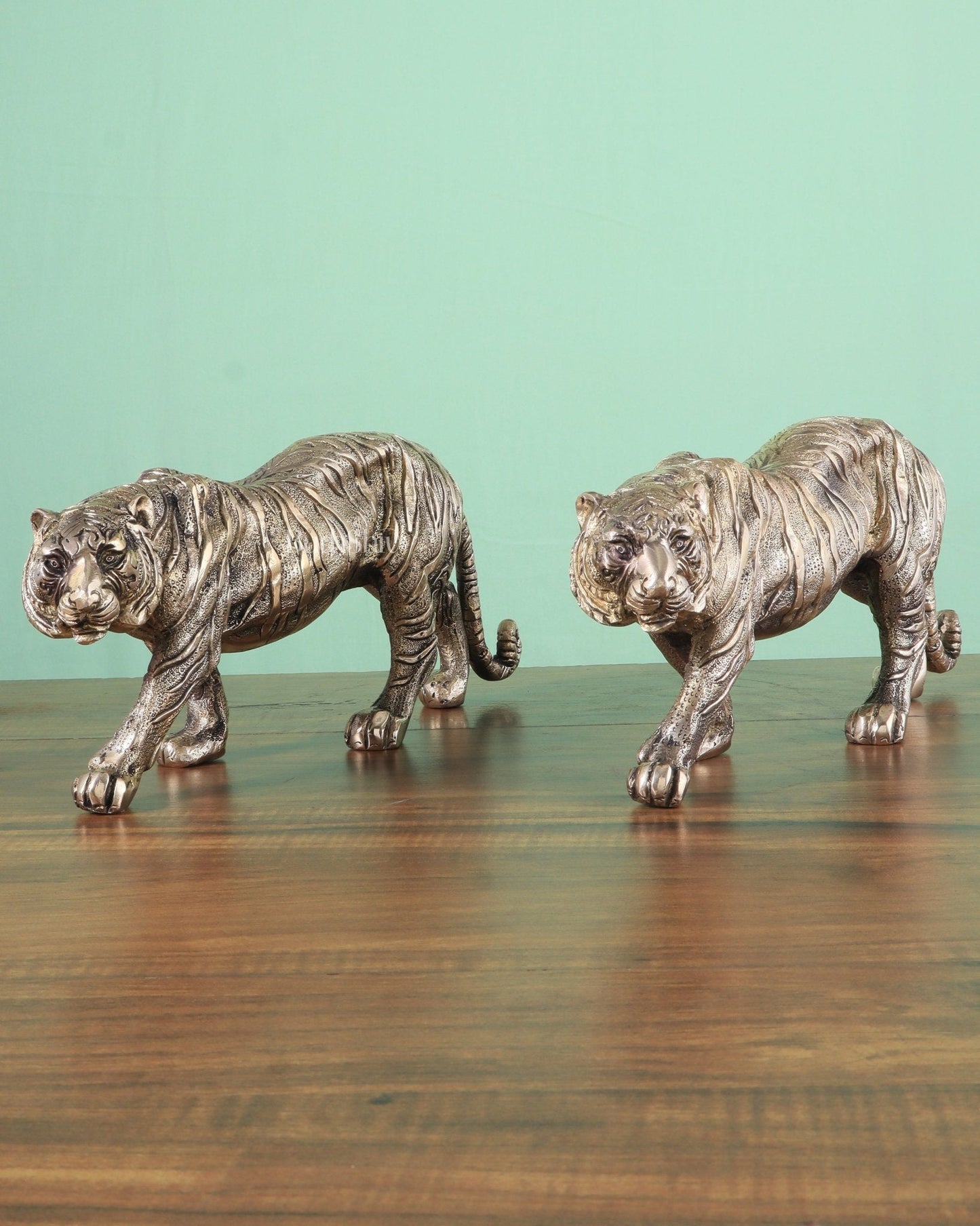 Brass Large Walking Tiger pair statues – Enhanced Carvings | 100% Certified Copper & Brass - Sama Homes Idol - Brass Sculpture