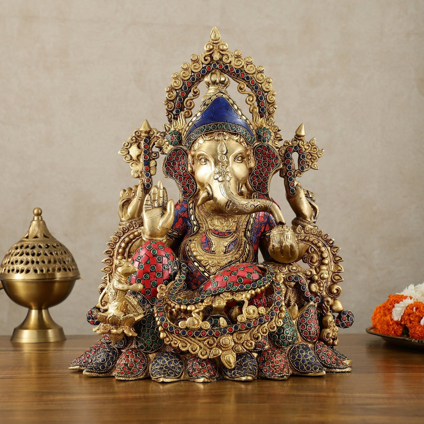 Brass Lord Ganesha statue with sharp features - 16 inches | 100% Certified Copper & Brass - Sama Homes Idol - Brass Sculpture