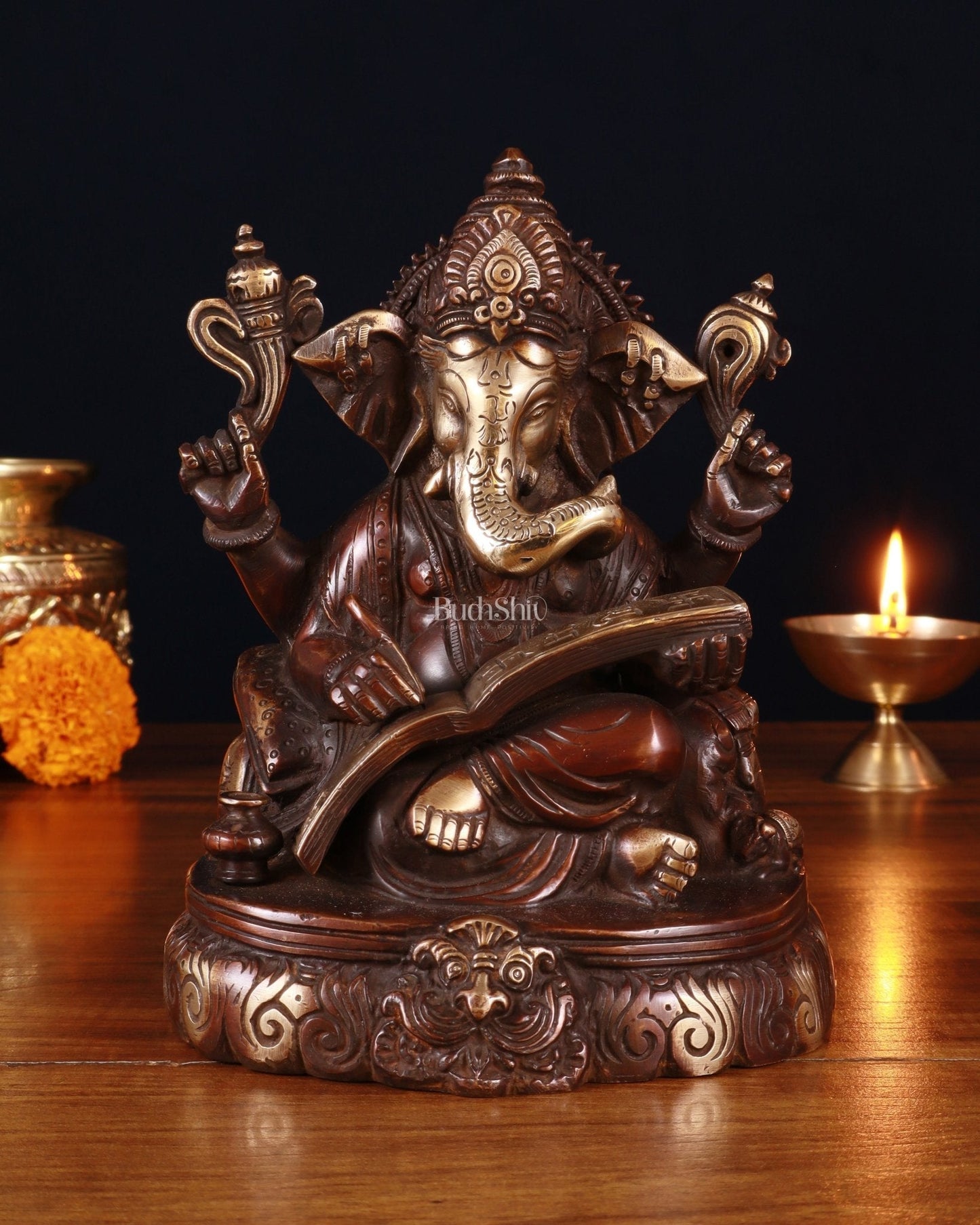 Brass Lord Ganesha Writing Statue – 7.5 Inch brown tone | 100% Certified Copper & Brass - Sama Homes Idol - Brass Sculpture